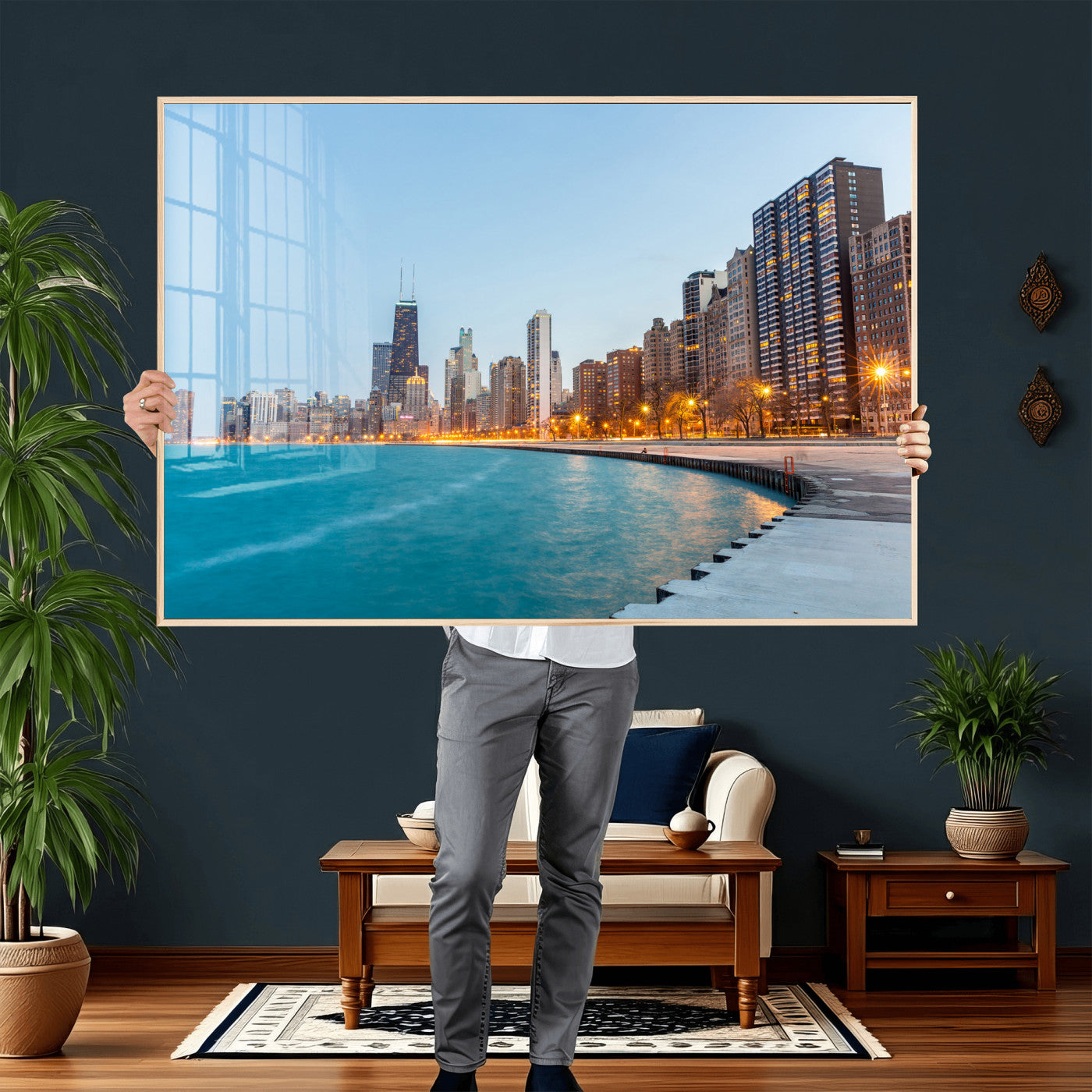 66780141-MGV-CV-36X24 - Chicago Wall Art Canvas Print, Chicago City Downtown Night Cityscape Print for Modern Urban Wall Decor