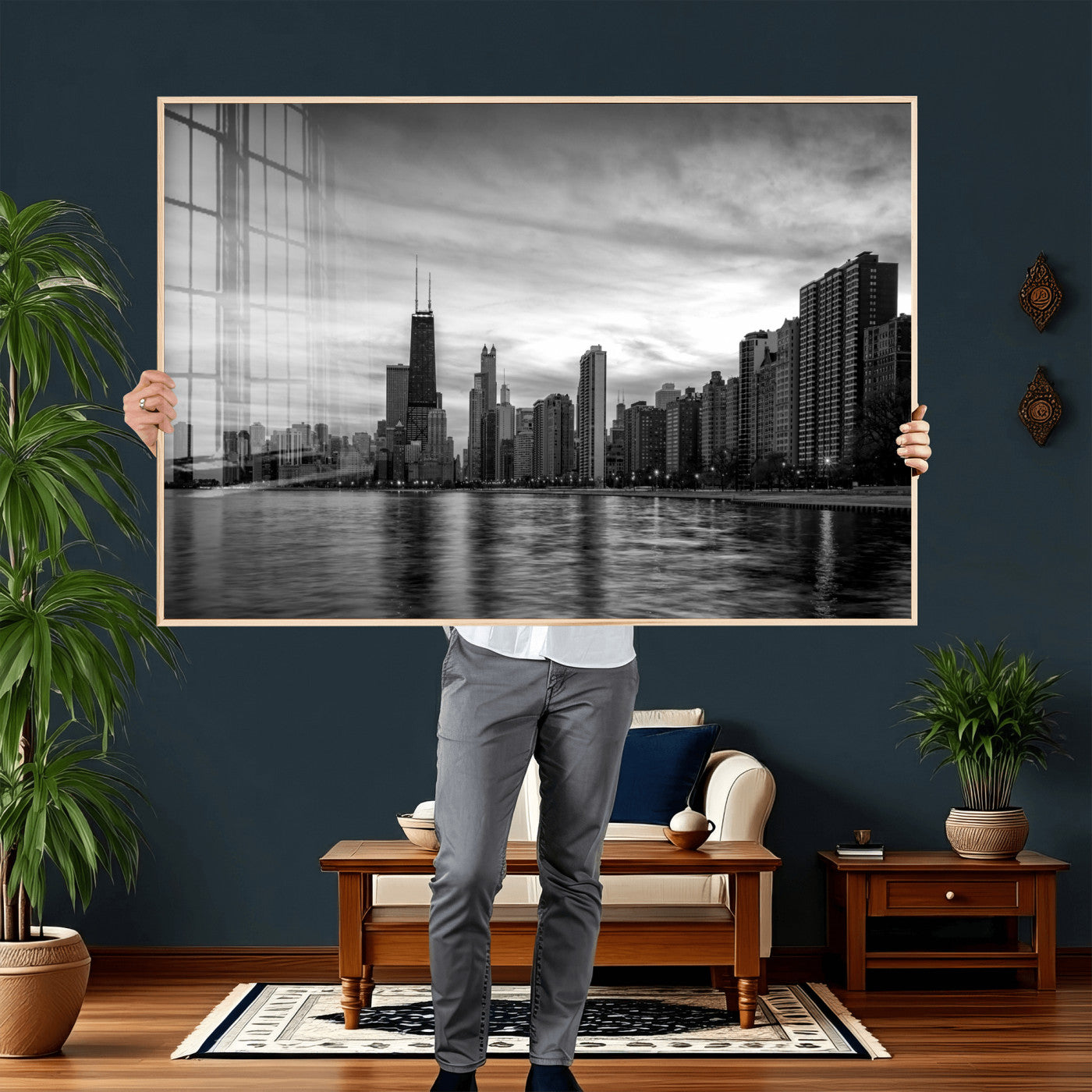 74552581-MGV-CV-36X24 - Chicago Wall Art Canvas Print, Chicago City Downtown Night Cityscape Print for Modern Urban Wall Decor