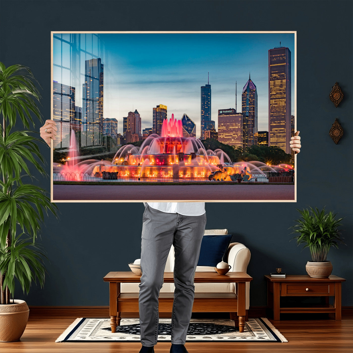 46805285-MGV-CV-36X24 - Chicago Wall Art Canvas Print, Chicago City Downtown Night Cityscape Print for Modern Urban Wall Decor