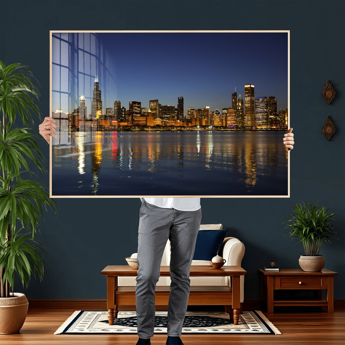 67308035-MGV-CV-36X24 - Chicago Wall Art Canvas Print, Chicago City Downtown Night Cityscape Print for Modern Urban Wall Decor