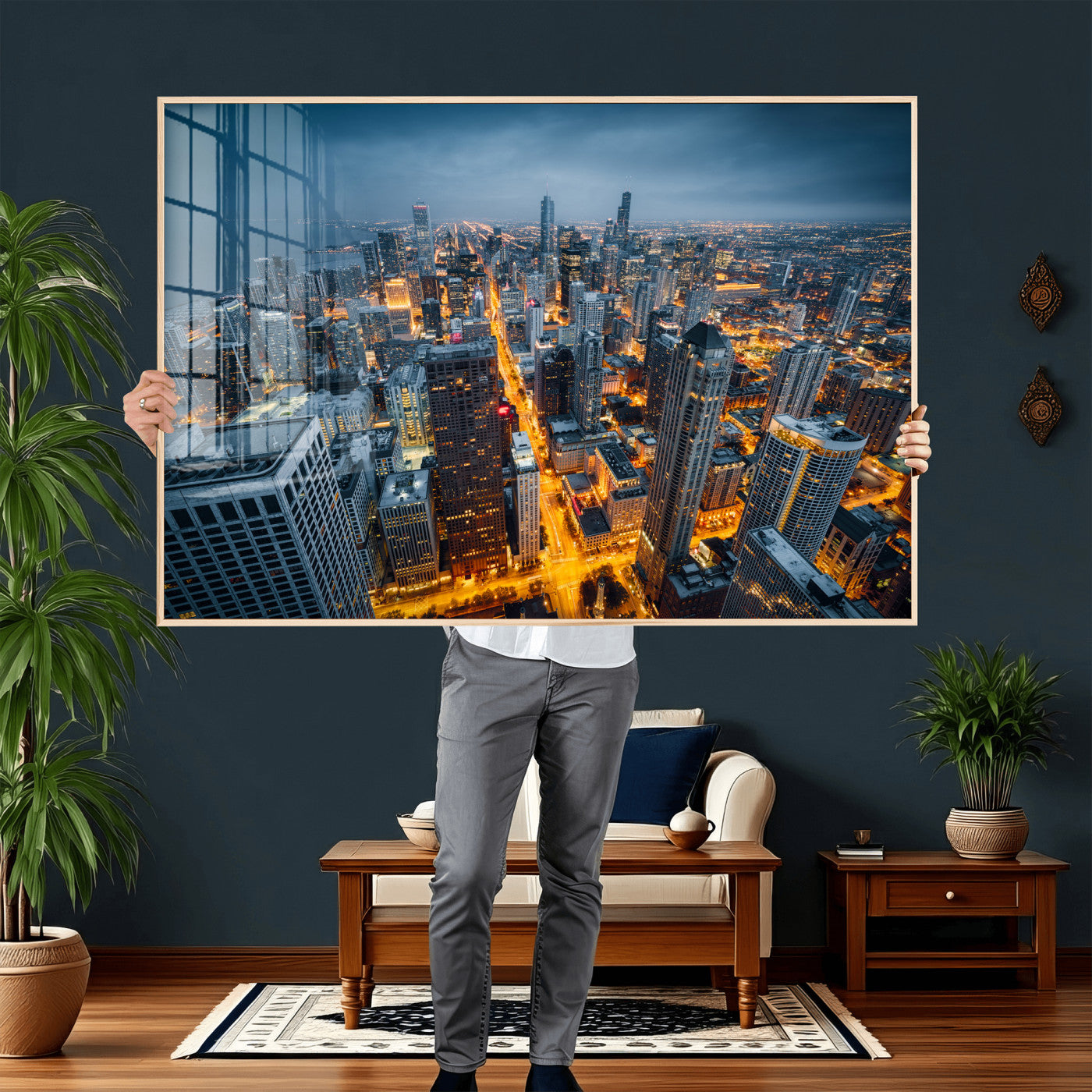 81742538-MGV-CV-36X24 - Chicago Wall Art Canvas Print, Chicago City Downtown Night Cityscape Print for Modern Urban Wall Decor