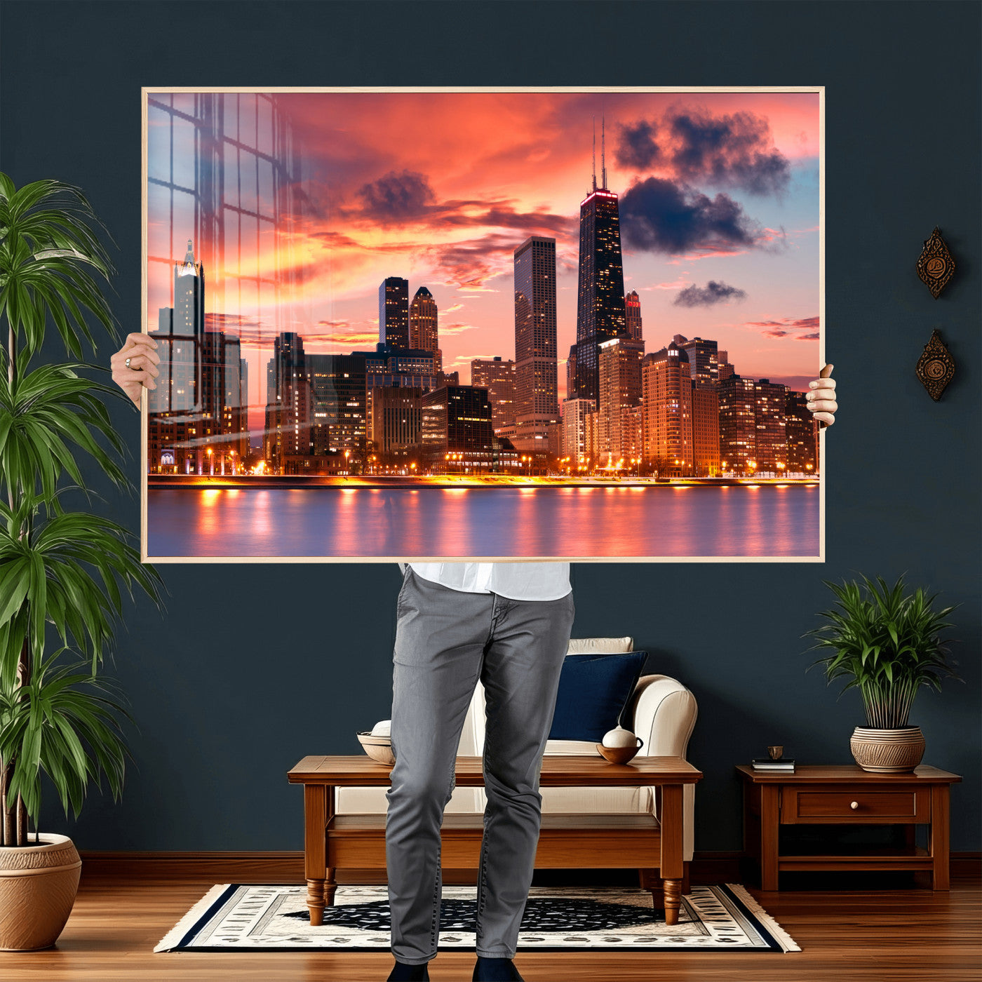 80390109-MGV-CV-36X24 - Chicago Wall Art Canvas Print, Chicago City Downtown Night Cityscape Print for Modern Urban Wall Decor