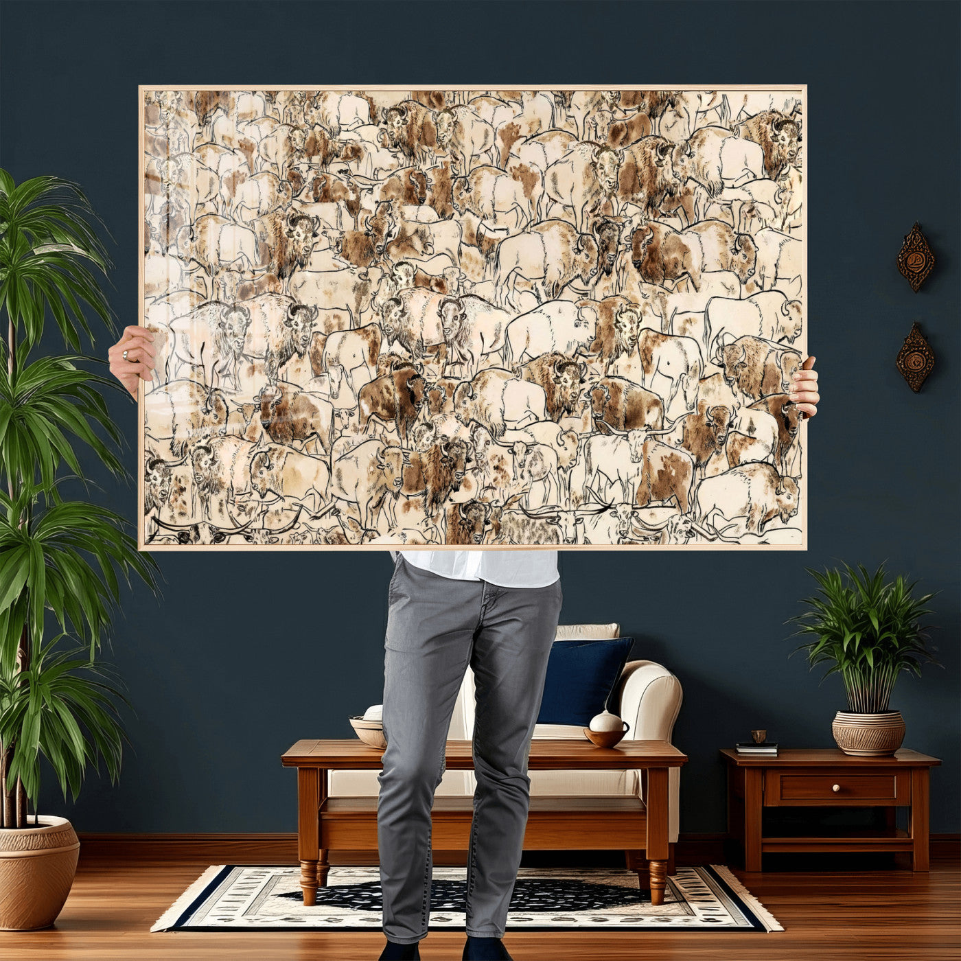 50142019-MGV-CV-36X24 - Farmhouse Animals Wall Art Canvas Print - Abstract Farm Animal Drawing Mid-Century Wall Art for Cabin Decor