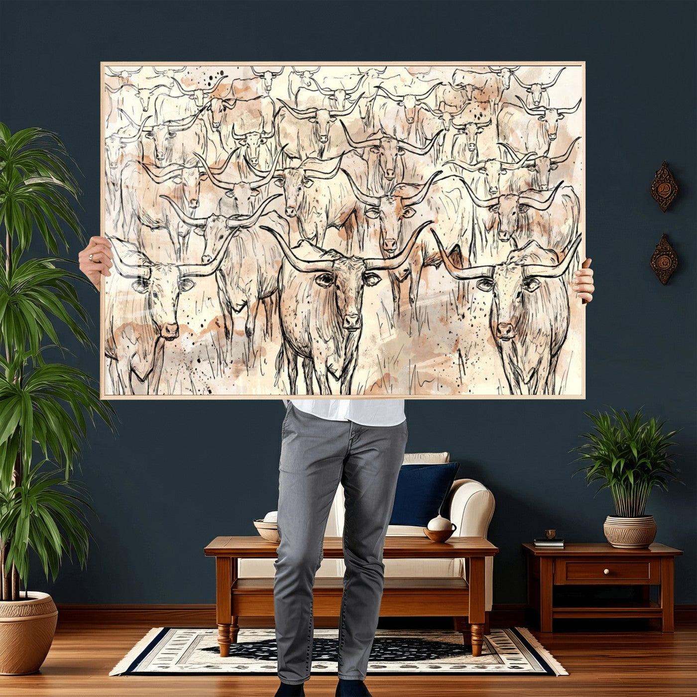 94055403-MGV-CV-36X24 - Farmhouse Animals Wall Art Canvas Print - Abstract Farm Animal Drawing Mid-Century Wall Art for Cabin Decor