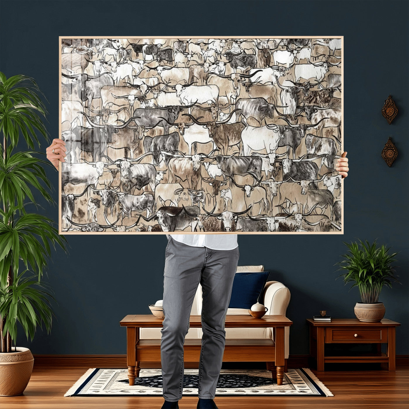 64368752-MGV-CV-36X24 - Farmhouse Animals Wall Art Canvas Print - Abstract Farm Animal Drawing Mid-Century Wall Art for Cabin Decor