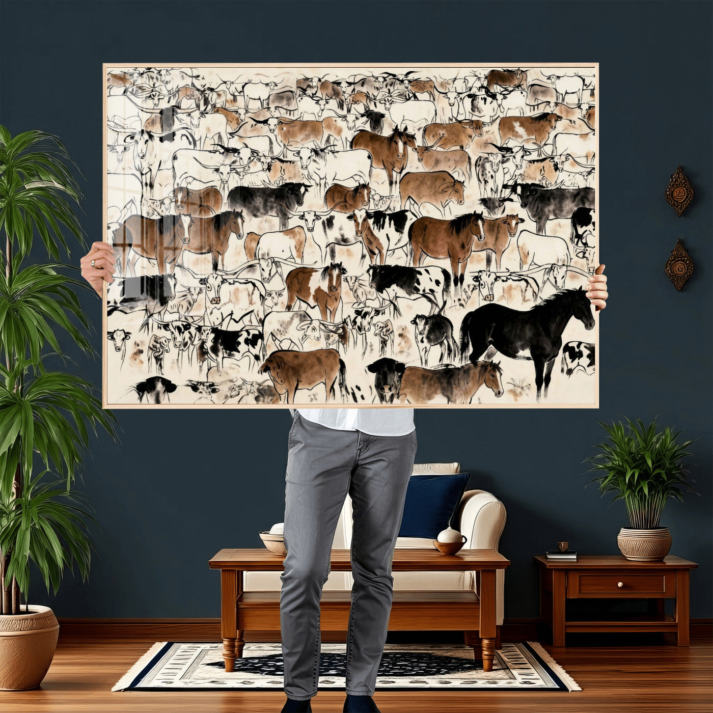 86150485-MGV-CV-36X24 - Farmhouse Animals Wall Art Canvas Print - Abstract Farm Animal Drawing Mid-Century Wall Art for Cabin Decor