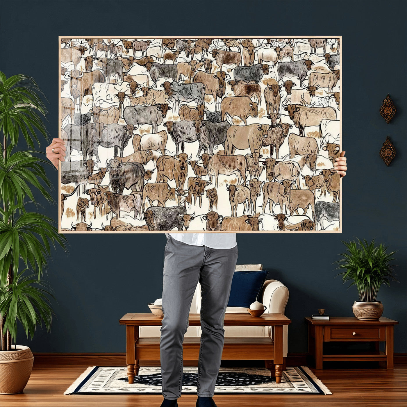 76902119-MGV-CV-36X24 - Farmhouse Animals Wall Art Canvas Print - Abstract Farm Animal Drawing Mid-Century Wall Art for Cabin Decor