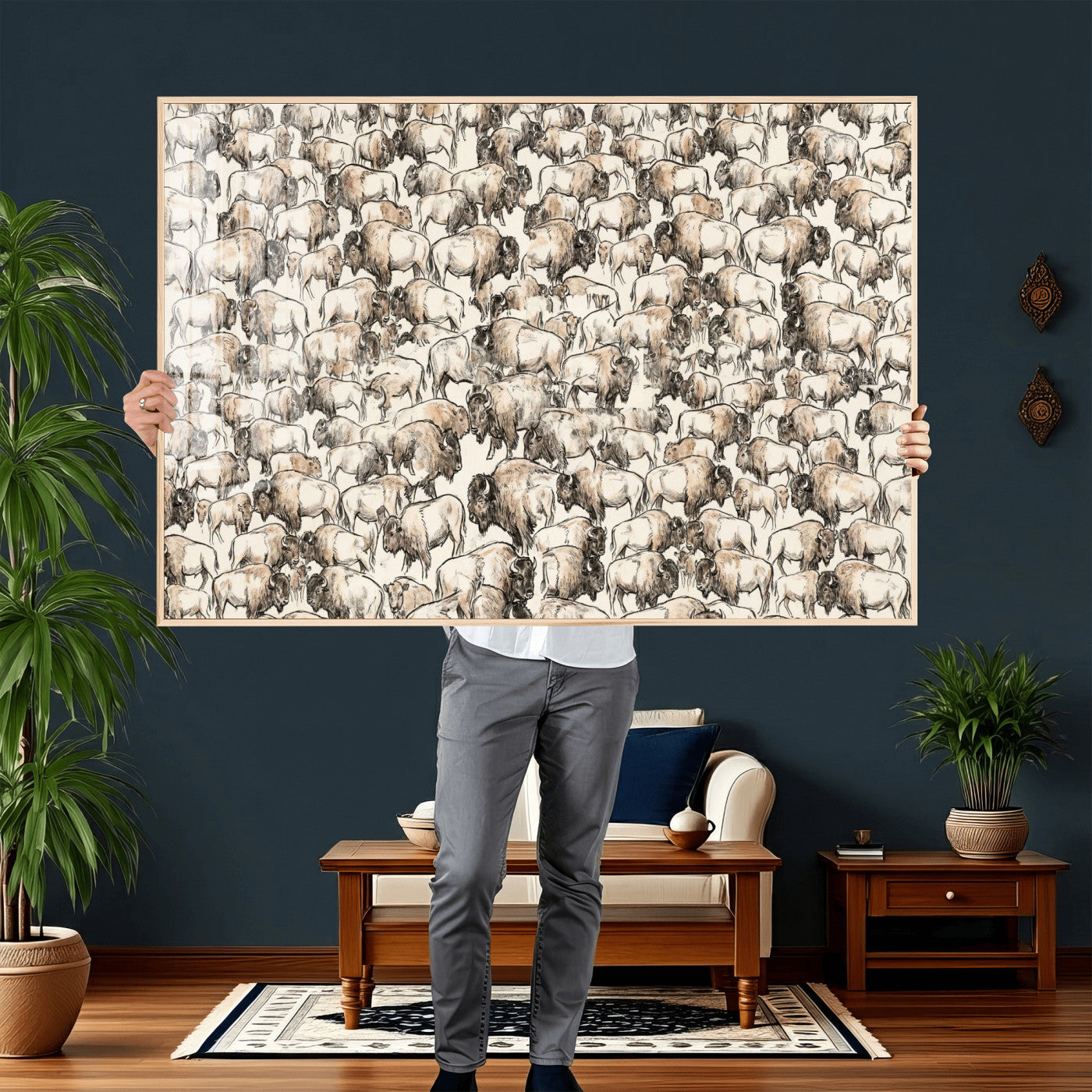 77502929-MGV-CV-36X24 - Farmhouse Animals Wall Art Canvas Print - Abstract Farm Animal Drawing Mid-Century Wall Art for Cabin Decor