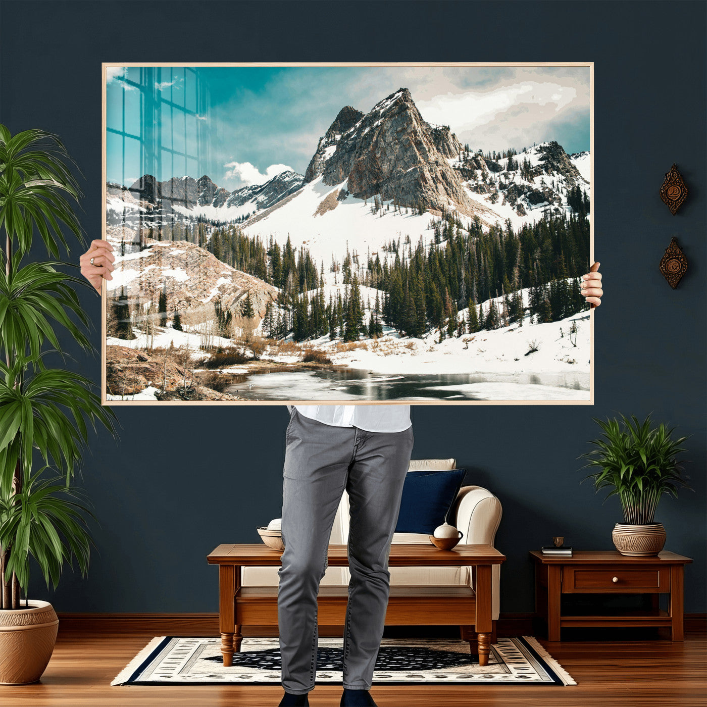 56837070-MGV-CV-36X24 - Snowy Mountain Landscape Wall Art Canvas Print, Alpine Pine Forest Winter Nature Wall Decor for Living Room and Office