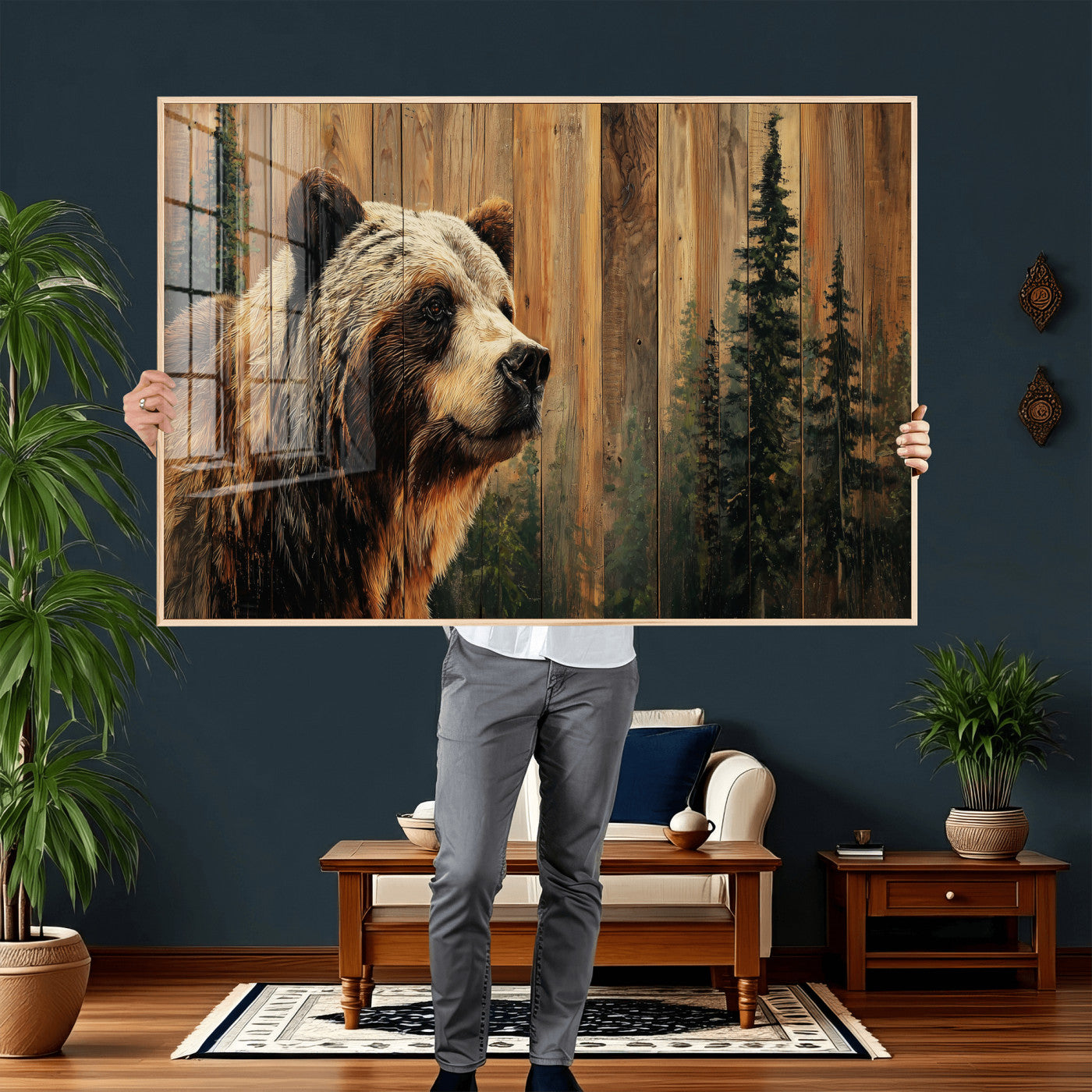 75645180-MGV-CV-36X24 - Grizzly Bear Wall Art Canvas Print, Rustic Wildlife Bear Artwork, Forest Animal Painting, Cabin Lodge Nature Wall Decor