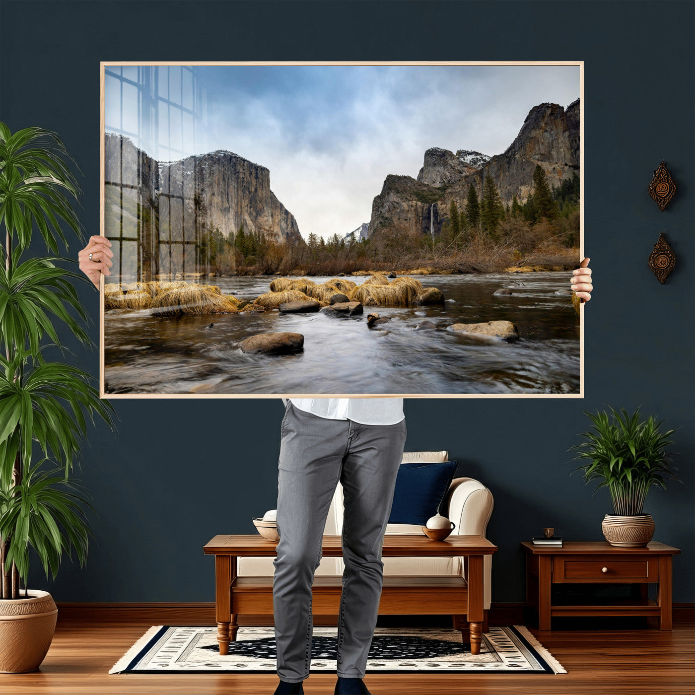 20458404-MGV-CV-36X24 - Yosemite Valley Mountain Landscape Wall Art Canvas Print, Granite Cliff Forest Valley Canvas Print, California National Park Scenic Art Printing