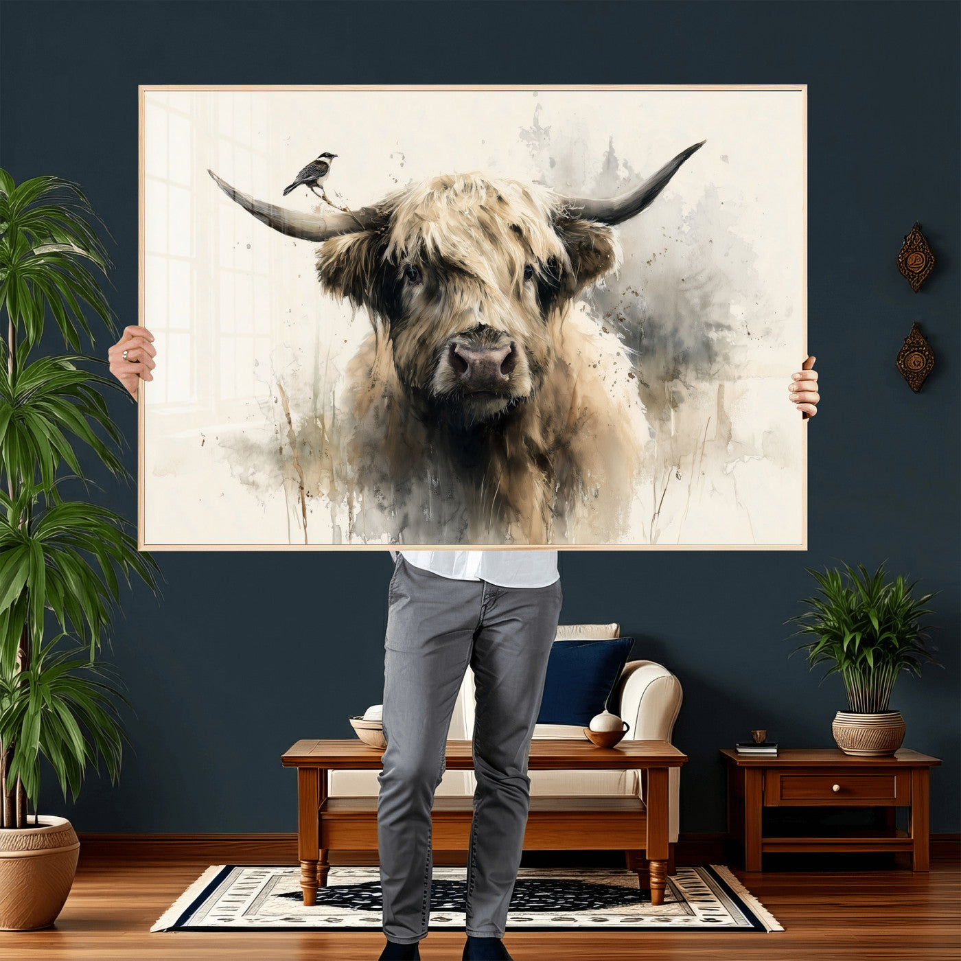 98249290-MGV-CV-36X24 - Abstract Highland Cow Watercolor Animal Wall Art Canvas Print, Rustic Farm Cattle Portrait Canvas Print, Neutral Wildlife Farmhouse Art Printing