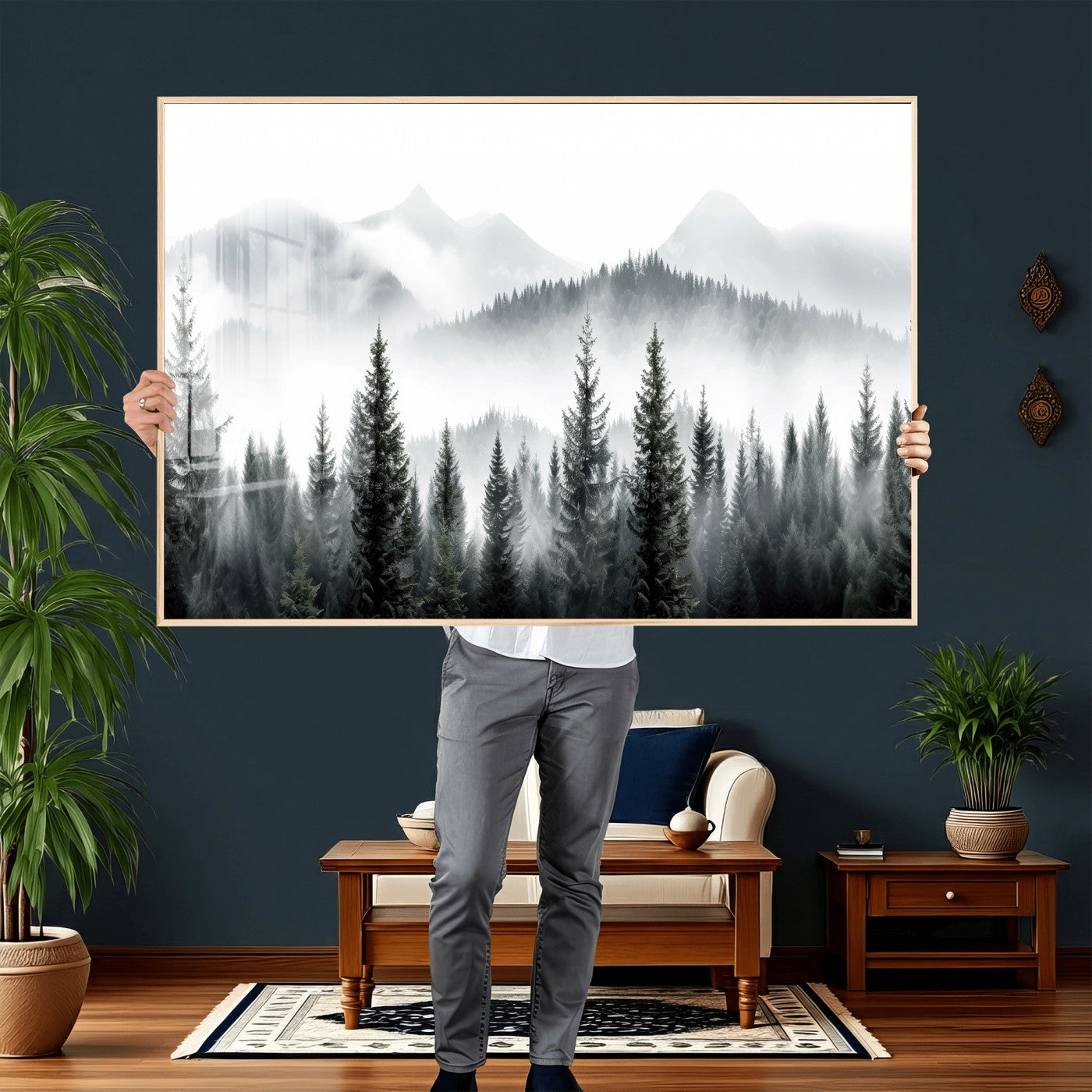 38819032-MGV-CV-36X24 - Misty Pine Forest Mountain Landscape Wall Art Canvas Print, Foggy Evergreen Trees Minimal Nature Canvas Print, Monochrome Wilderness Scenic Art Printing
