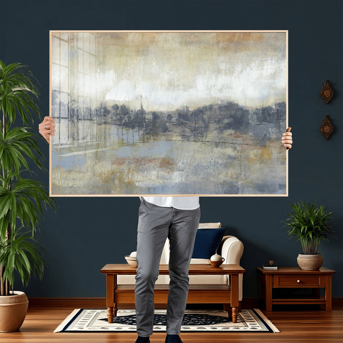 73973590-MGV-CV-36X24 - Abstract Neutral Landscape Painting Wall Art Canvas Print, Modern Minimal Texture Horizon Canvas Print, Beige Gray Contemporary Abstract Art Printing