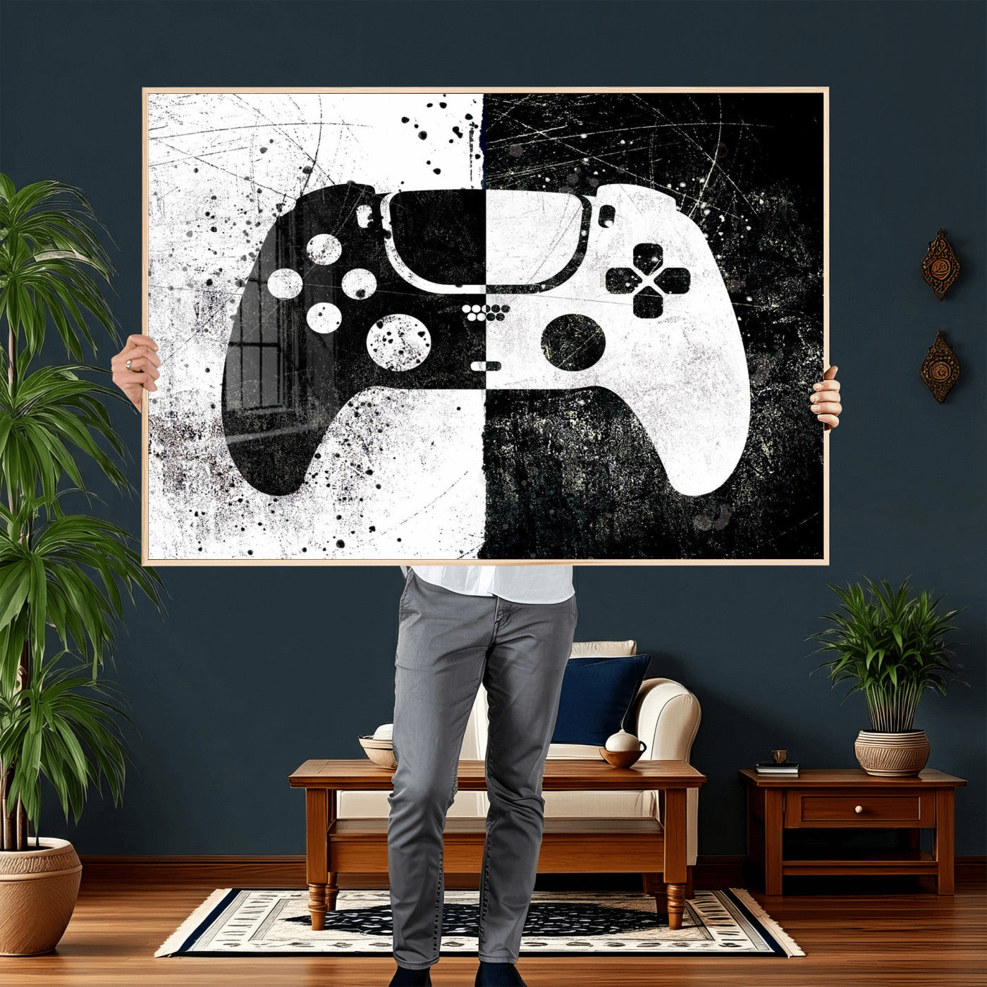 17525128-MGV-CV-36X24 - Abstract Gaming Controller Wall Art Canvas Print, Black White Video Game Controller Modern Canvas Print, Minimal Gamer Graphic Art Printing