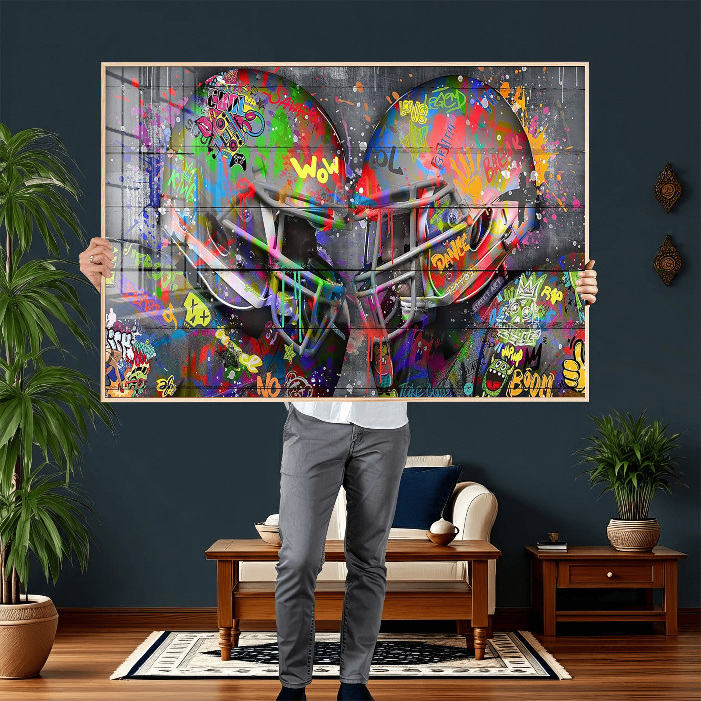 15309853-MGV-CV-36X24 - Graffiti Football Helmets Wall Art Canvas Print, Urban Street Art Sports Decor, Colorful American Football Graffiti Artwork