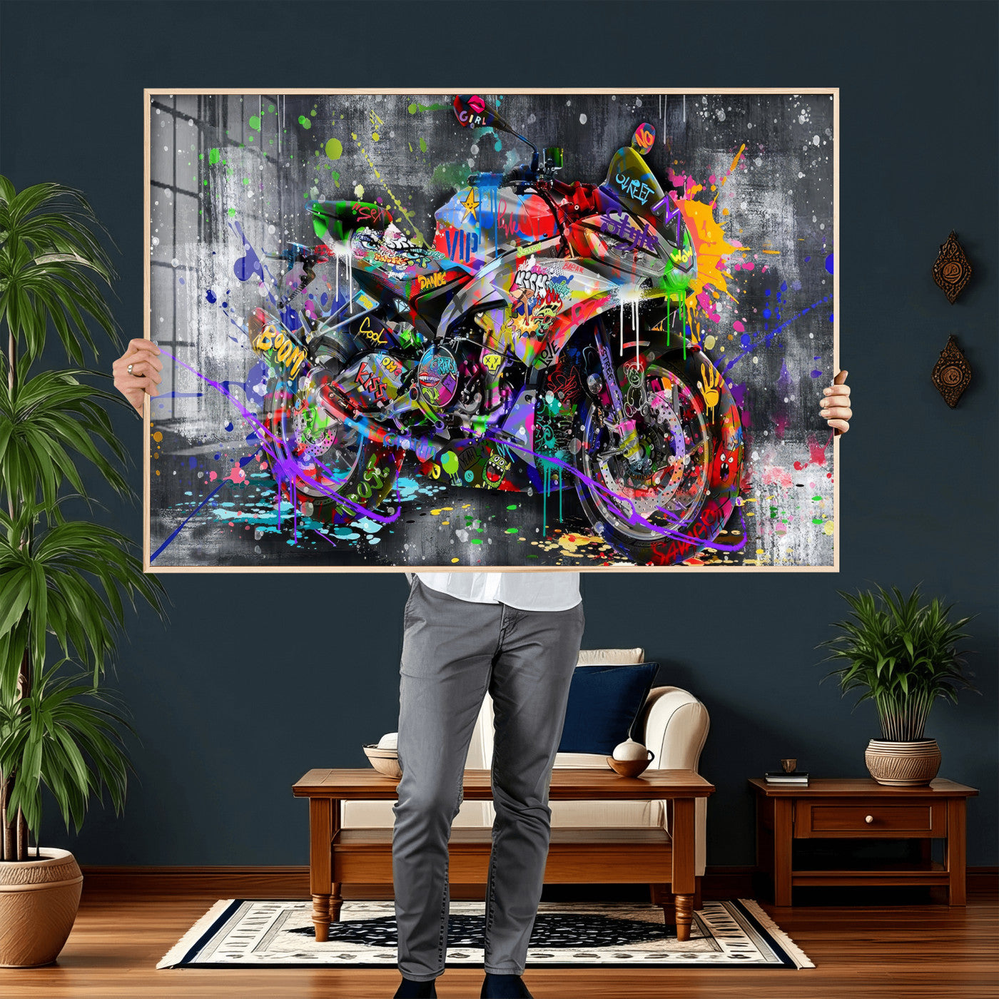 83021767-MGV-CV-36X24 - Graffiti Motorcycle Wall Art Canvas Print, Urban Street Art Motorbike Decor, Colorful Graffiti Sports Bike Artwork