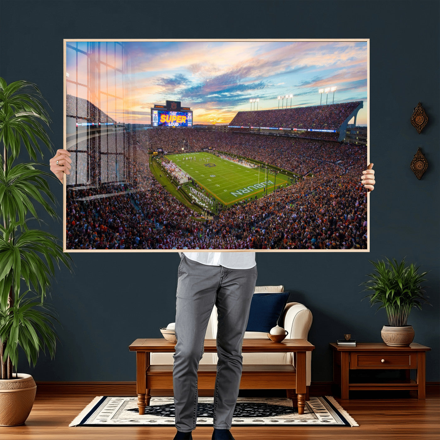 75203764-MGV-CV-36X24 - Auburn Stadium Sunset Wall Art Canvas Print, Jordan Hare Stadium Game Day Crowd, Auburn Tigers Football Artwork