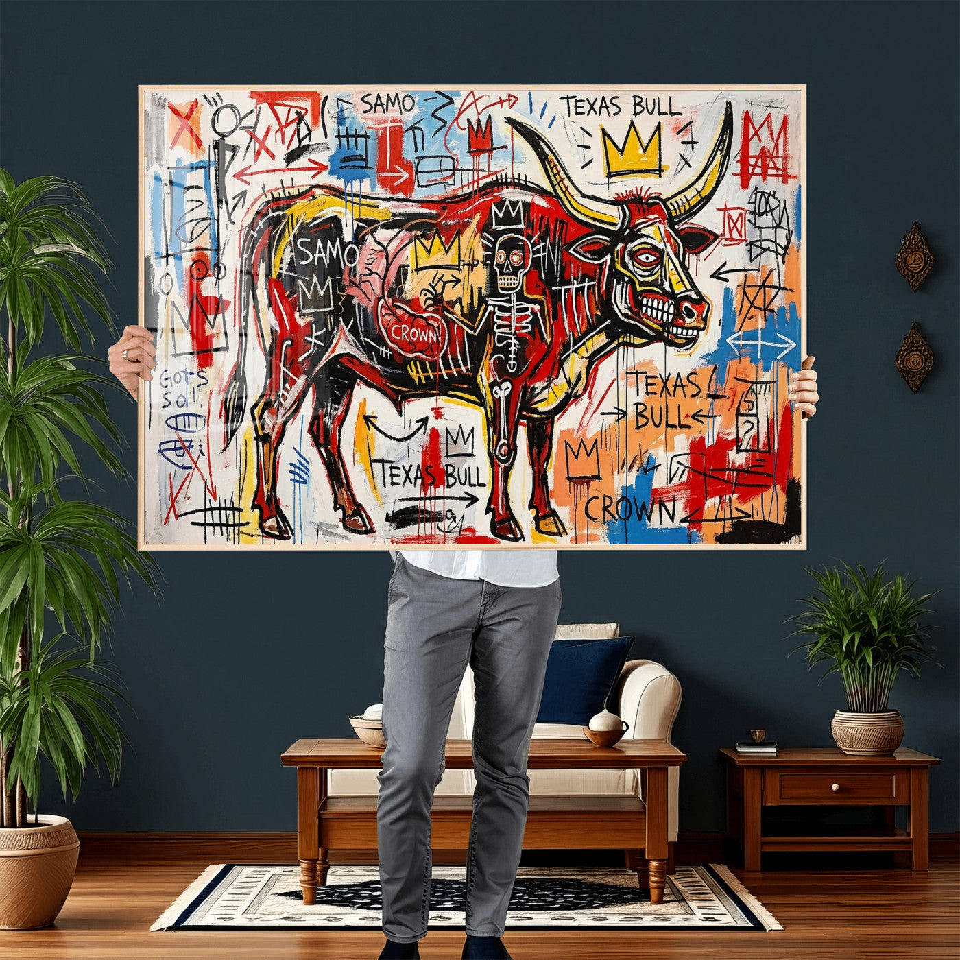 89504579-MGV-CV-36X24 - TITLE: Texas Bull Wall Art Canvas Print, Abstract Graffiti Bull Painting, Western Animal Art, Modern Ranch Decor