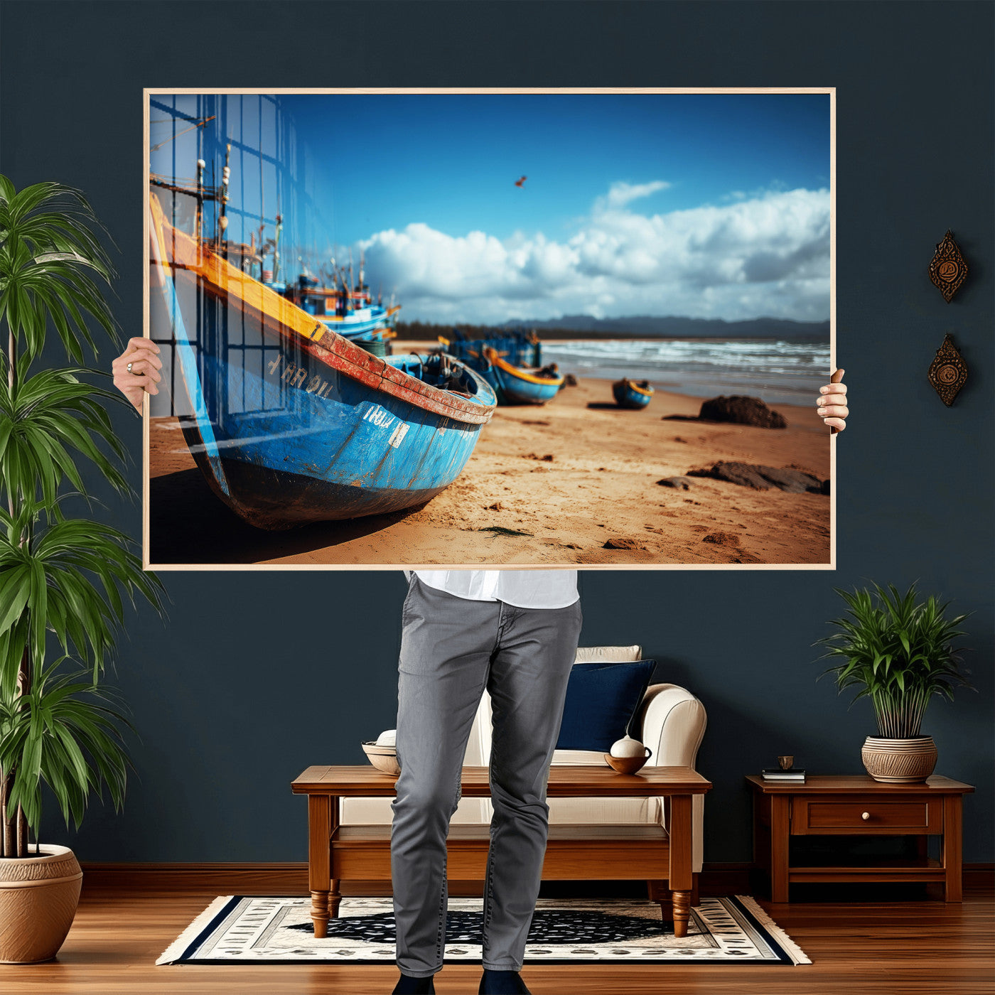 70925201-MGV-CV-36X24 - Fishing Boats Wall Art Canvas Print, Coastal Boat Beach Scene, Nautical Seaside Artwork, Ocean Shore Decor, Coastal Home Wall Art