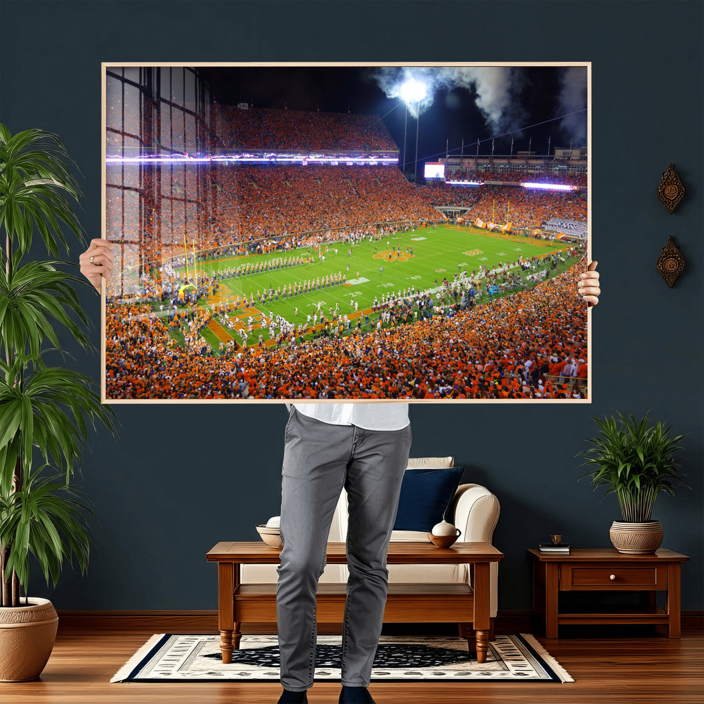 43662631-MGV-CV-36X24 - Clemson Football Stadium Wall Art Canvas Print, College Football Crowd Night Game Scene, Orange Stadium Panorama Wall Decor