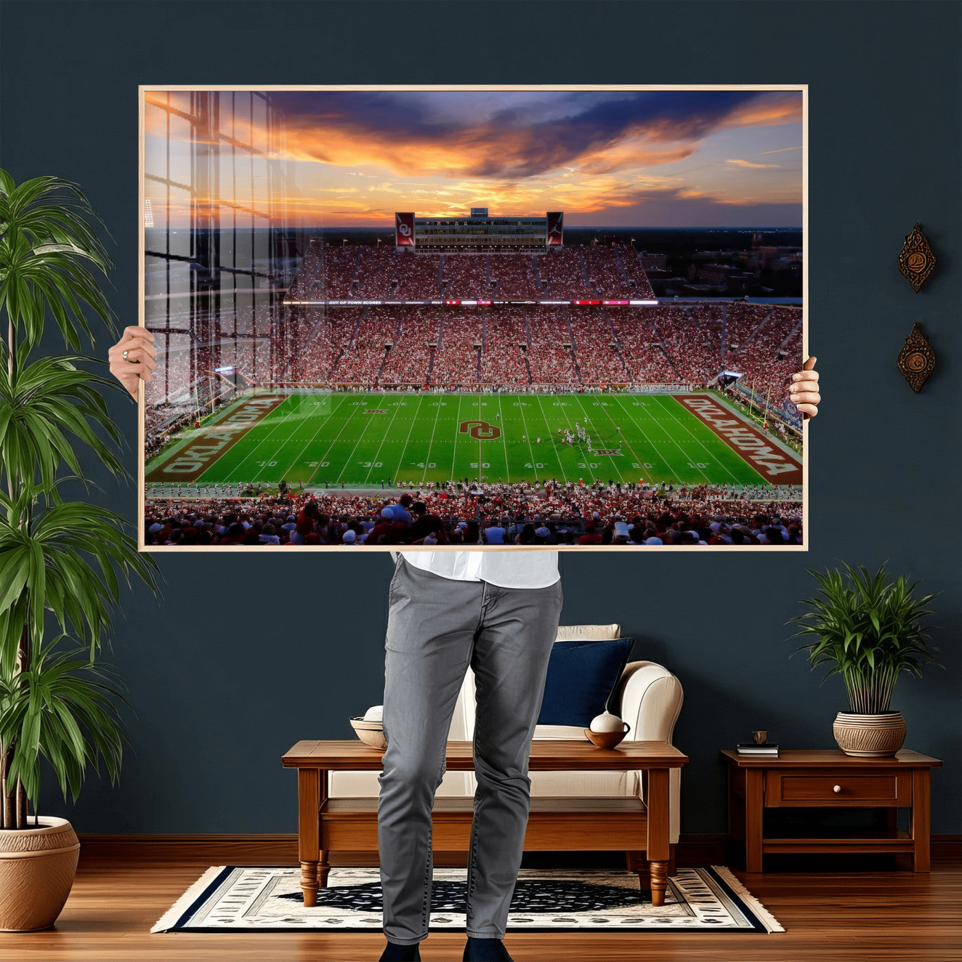 51457497-MGV-CV-36X24 - Oklahoma Sooners Stadium Wall Art Canvas Print, College Football Sunset Game Scene, OU Football Field Panorama Wall Decor