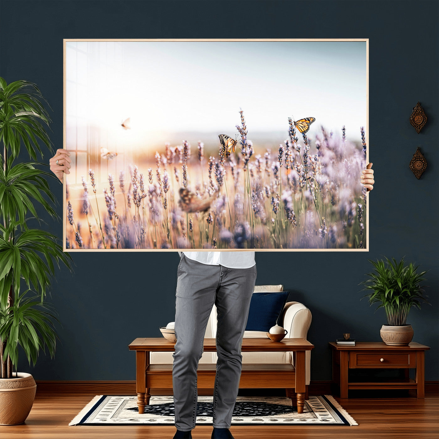 46417478-MGV-CV-36X24 - Lavender Field Wall Art Canvas Print, Butterfly Floral Landscape Art, Soft Nature Wall Decor for Bedroom