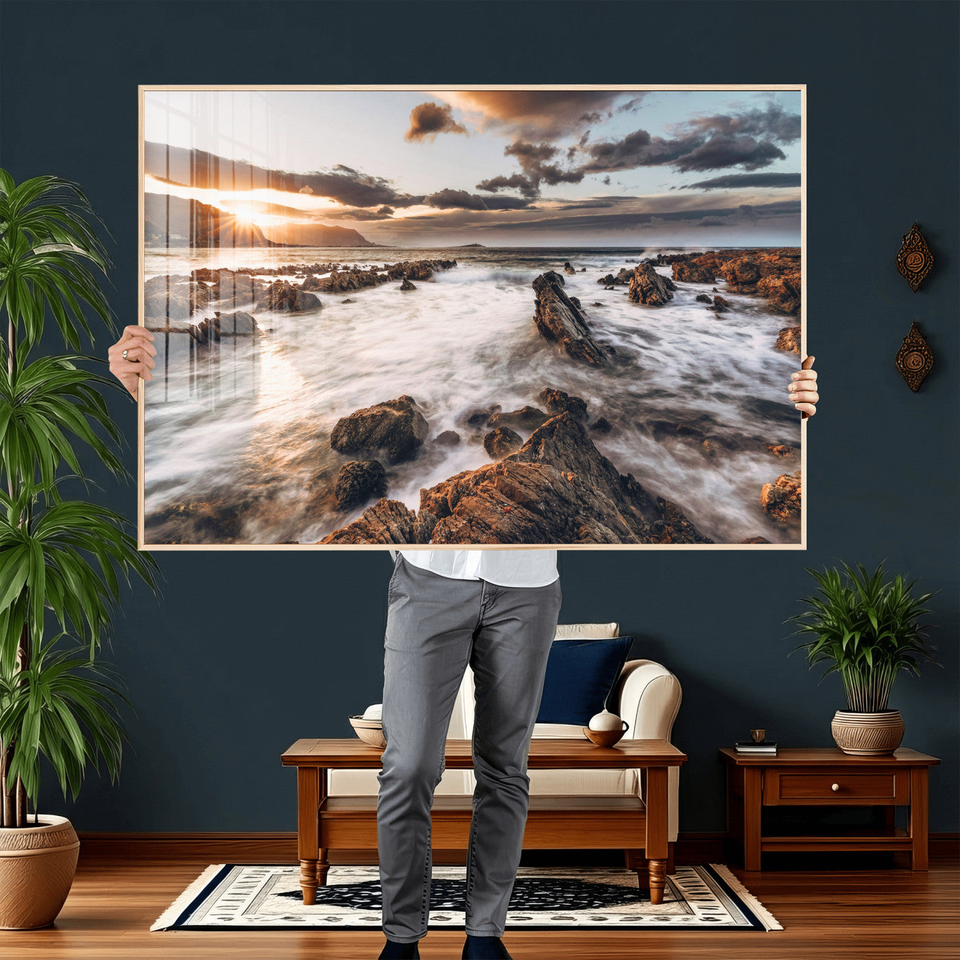 66746024-MGV-CV-36X24 - Rocky Coast Ocean Sunset Wall Art Canvas Print, Dramatic Seascape Nature Wall Decor for Living Room and Office