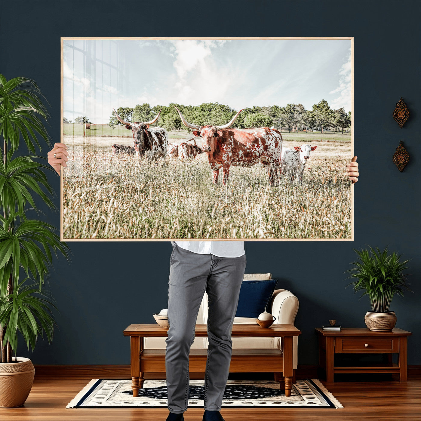 21823552-MGV-CV-36X24 - Texas Longhorn Cattle Wall Art Canvas Print, Rustic Ranch Landscape Artwork, Western Farm Field Scene, Country Prairie Animal Canvas Wall Art