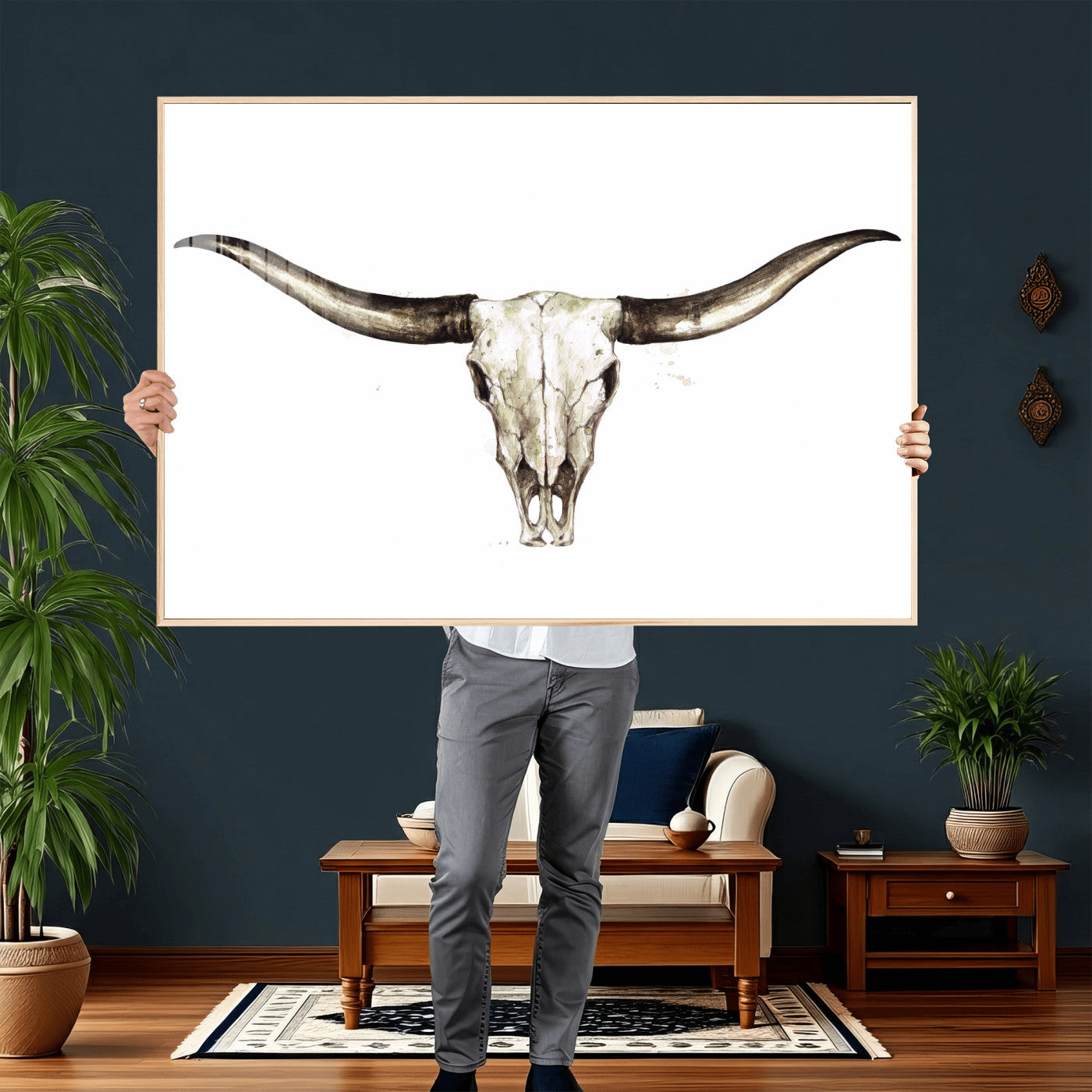 42788678A-MGV-CV-36X24 - Longhorn Skull Wall Art Canvas Print – Rustic Western Artwork Print for Living Room Wall Decor