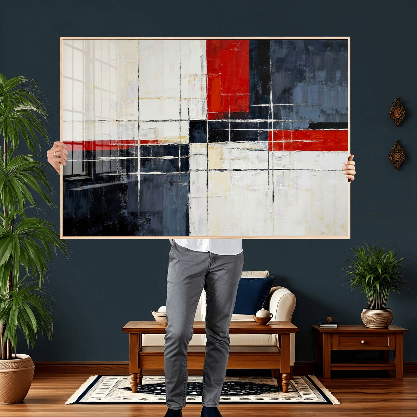 11921181-MGV-CV-36X24 - Navy Red Abstract Wall Art Canvas Print, Modern Luxury Geometric Painting Wall Decor for Living Room and Office