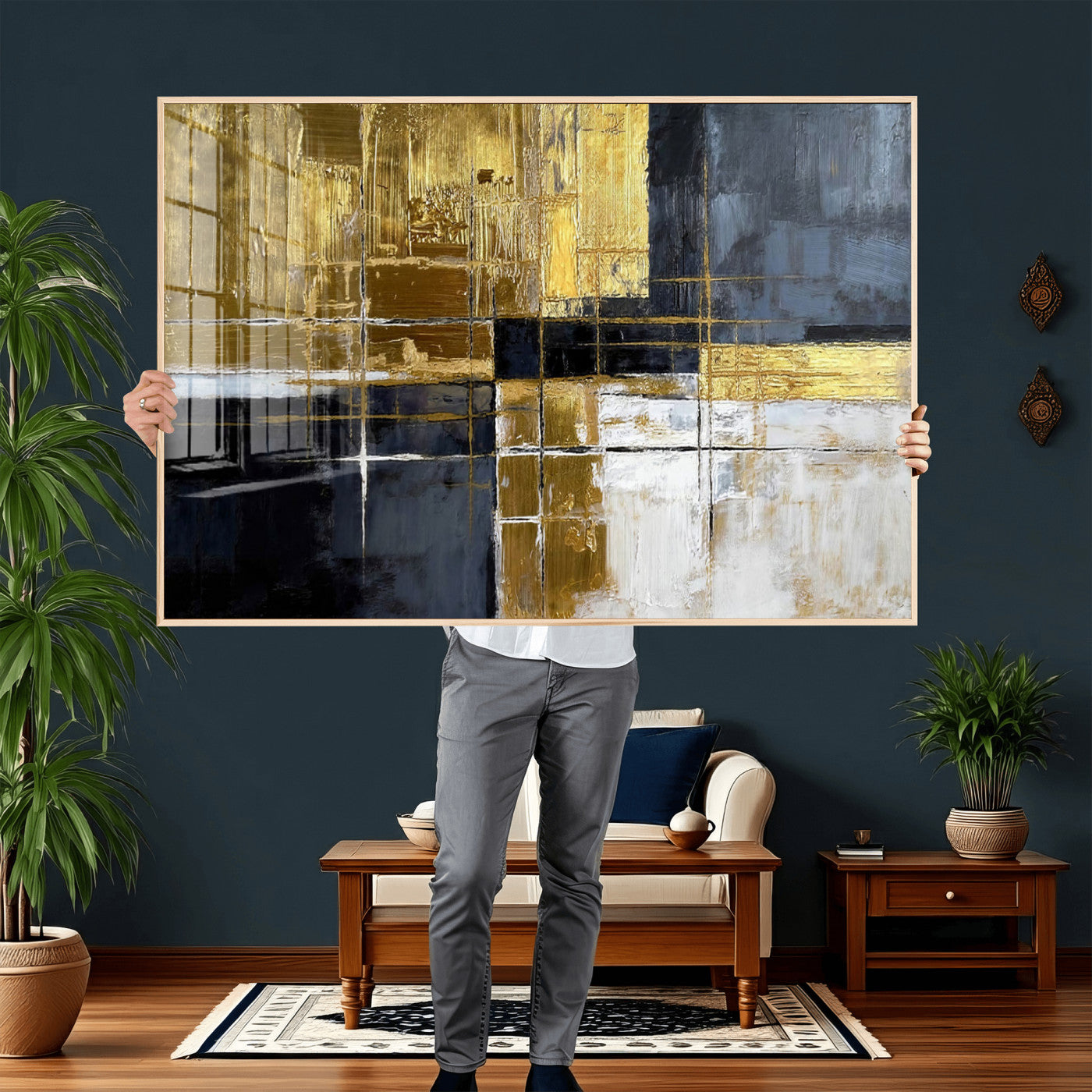 76917030-MGV-CV-36X24 - Gold Navy Abstract Wall Art Canvas Print, Modern Luxury Geometric Painting Wall Decor for Living Room and Office