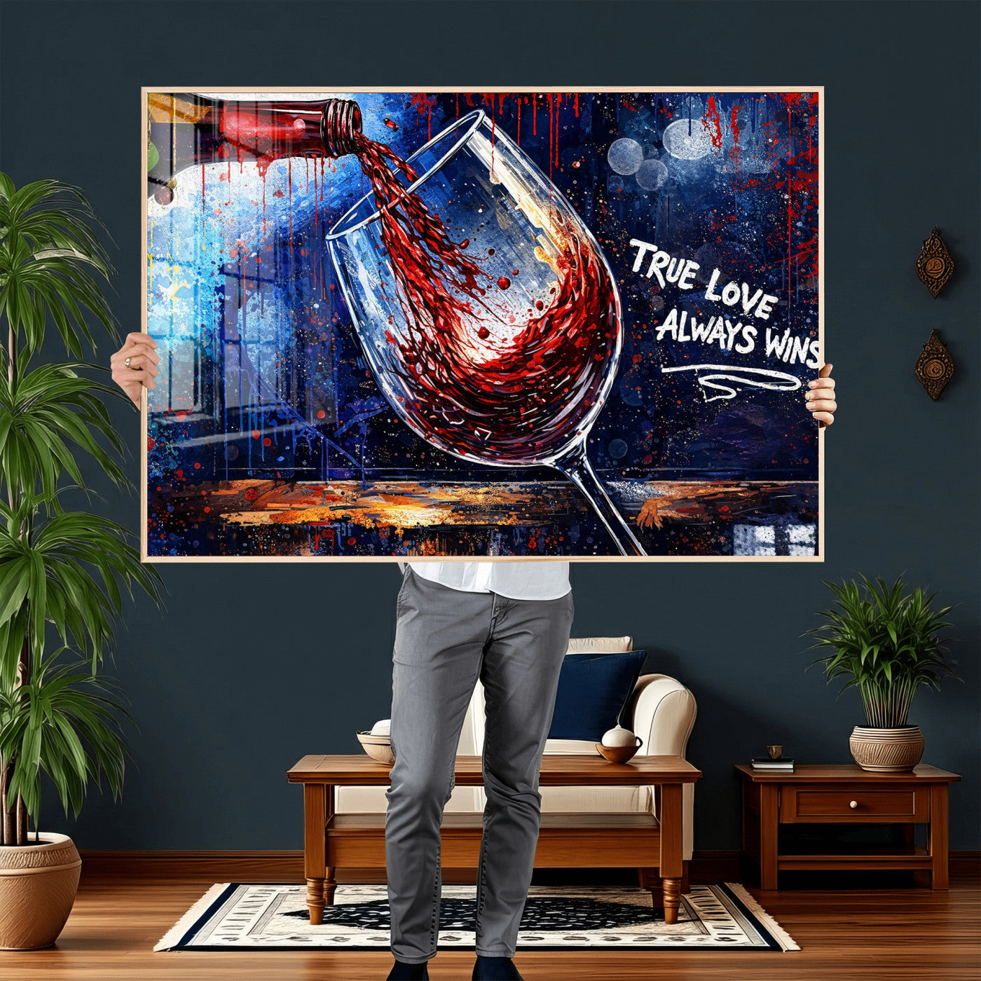 88788932-MGV-CV-36X24 - Red Wine Splash Abstract Wall Art Canvas Print, Modern Wine Glass Painting Canvas Print, Romantic Quote Contemporary Bar Art Print