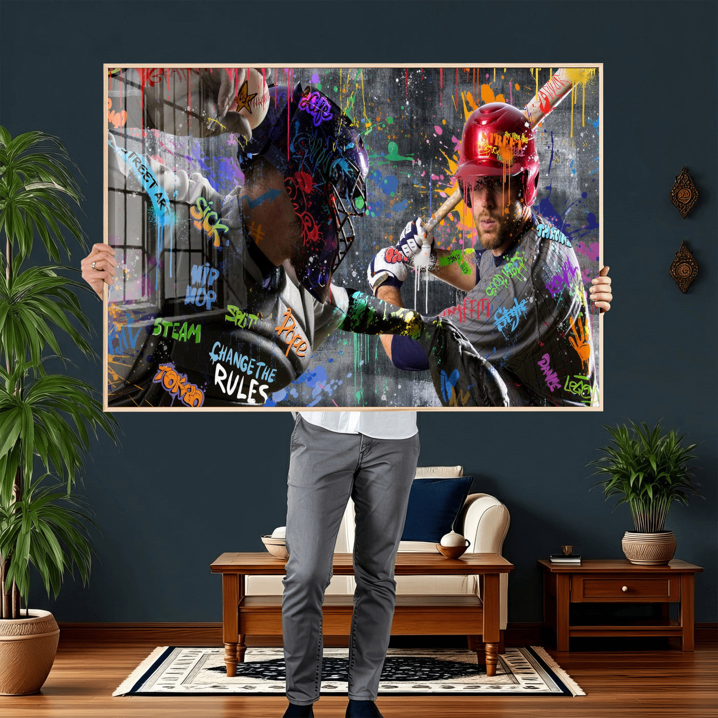 19634994-MGV-CV-36X24 - Graffiti Baseball Player Street Art Wall Art Canvas Print, Urban Sports Pop Art Baseball Canvas Print, Modern Athletic Graffiti Contemporary Art Printing
