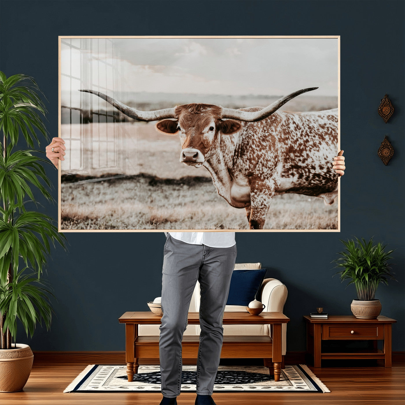 73897046-MGV-CV-36X24 - Texas Longhorn Bull Rustic Wall Art Canvas Print, Western Cattle Photography Canvas Print, Ranch Farm Animal Western Art Printing