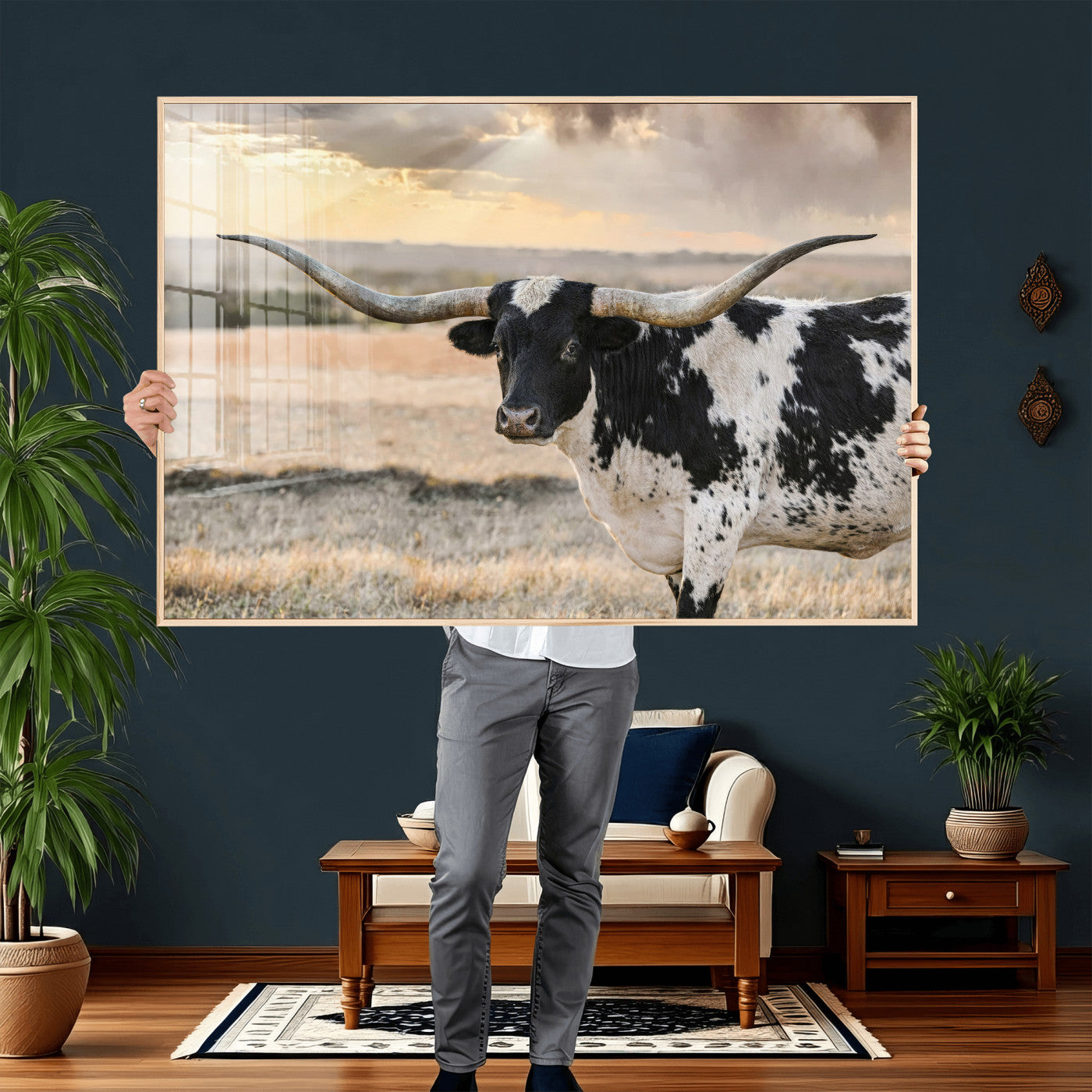 49350433-MGV-CV-36X24 - Texas Longhorn Bull Rustic Wall Art Canvas Print, Western Cattle Photography Canvas Print, Ranch Farm Animal Western Art Printing