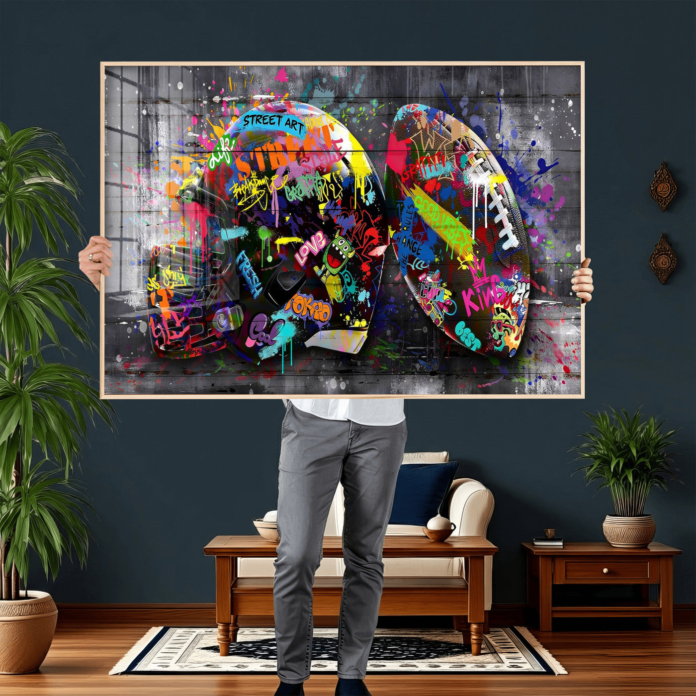80540773-MGV-CV-36X24 - Graffiti American Football Helmet Street Art Wall Art Canvas Print, Urban Sports Pop Art Football Canvas Print, Colorful Graffiti Sports Contemporary Art Printing