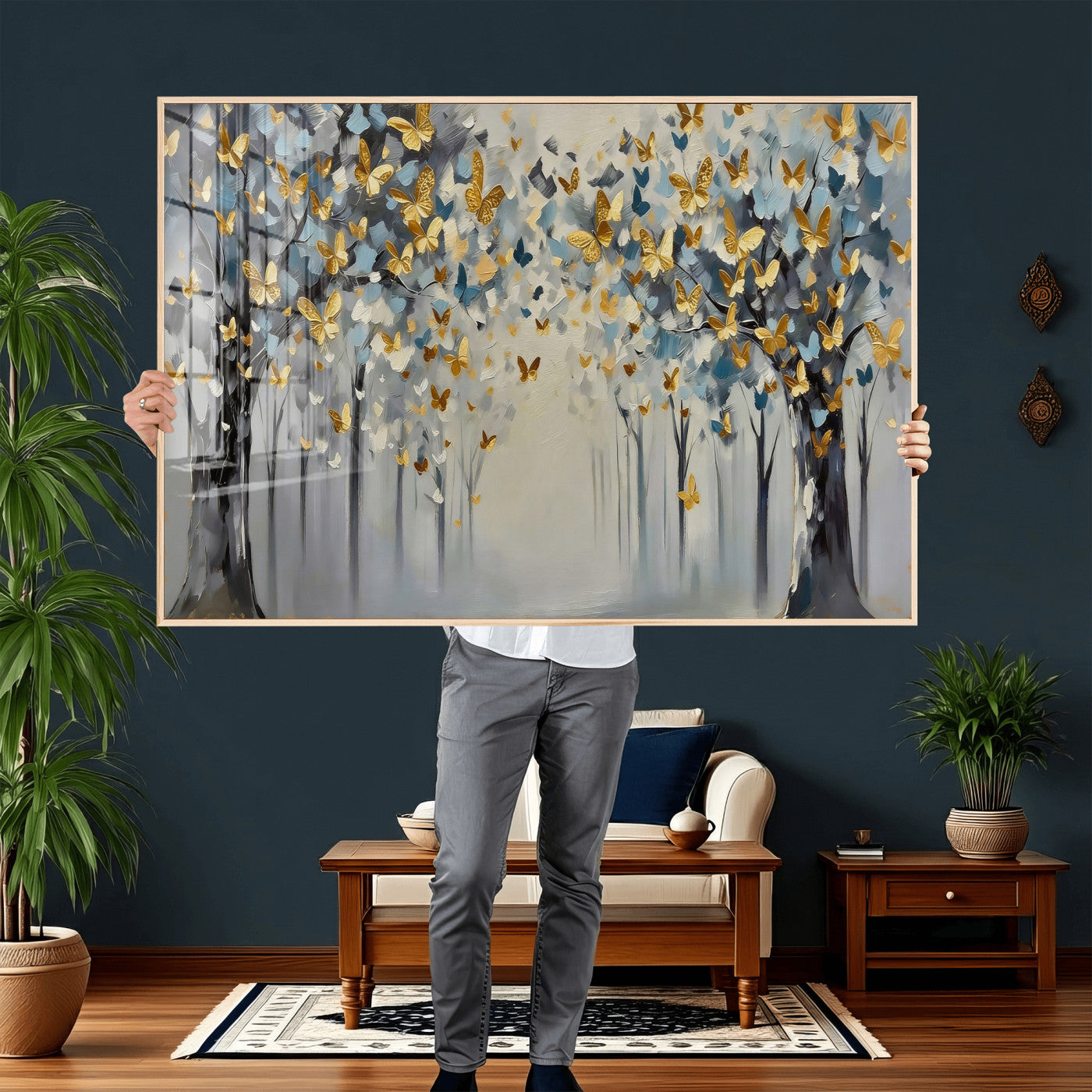 79208191-MGV-CV-36X24 - Golden Butterfly Tree Abstract Wall Art Canvas Print, Modern Elegant Nature Painting Canvas Print, Blue Gold Contemporary Floral Art Printing
