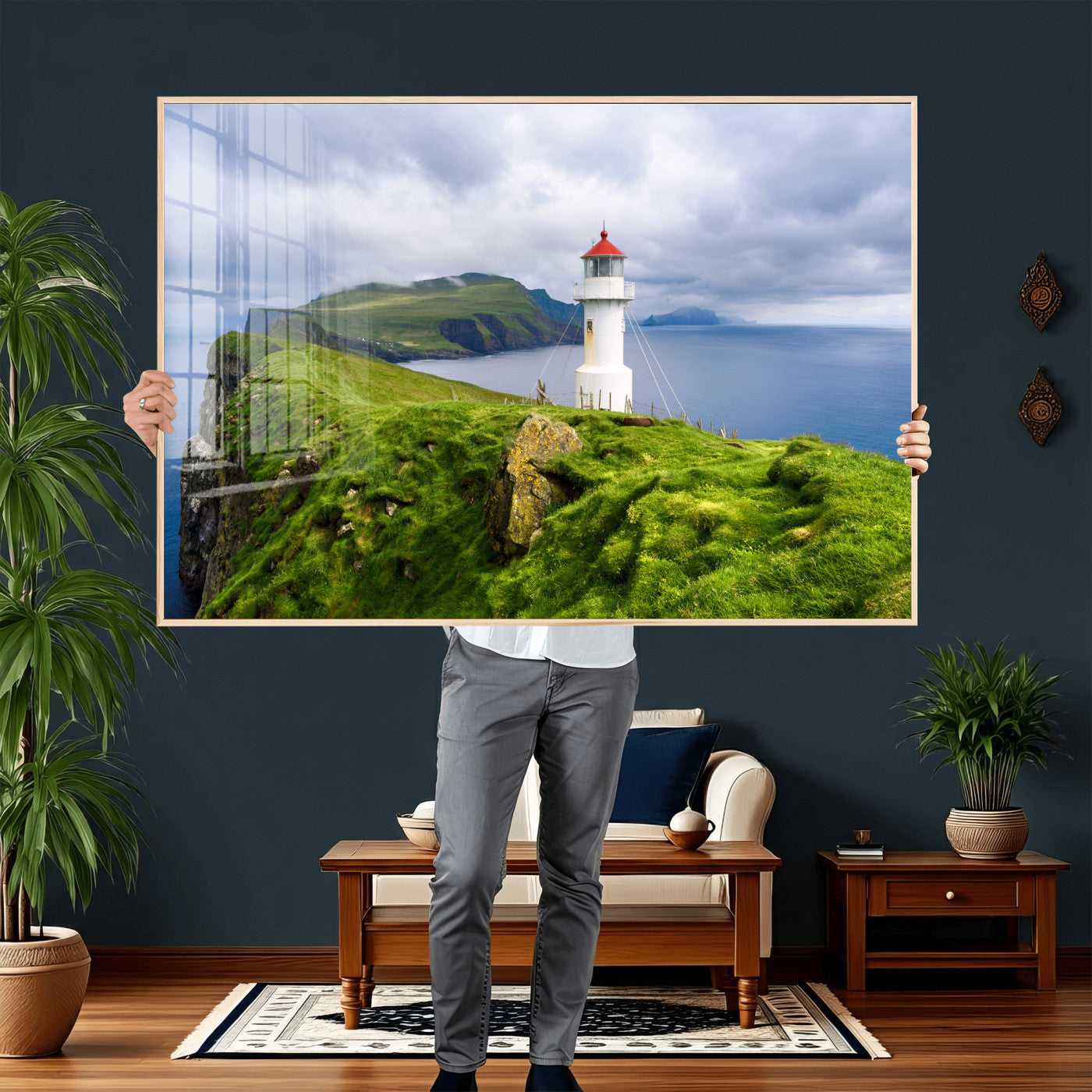 10680390-MGV-CV-36X24 - Coastal Lighthouse Wall Art Canvas Print, Cliffside Ocean Landscape Canvas Print, Scandinavian Coastal Decor for Living Room