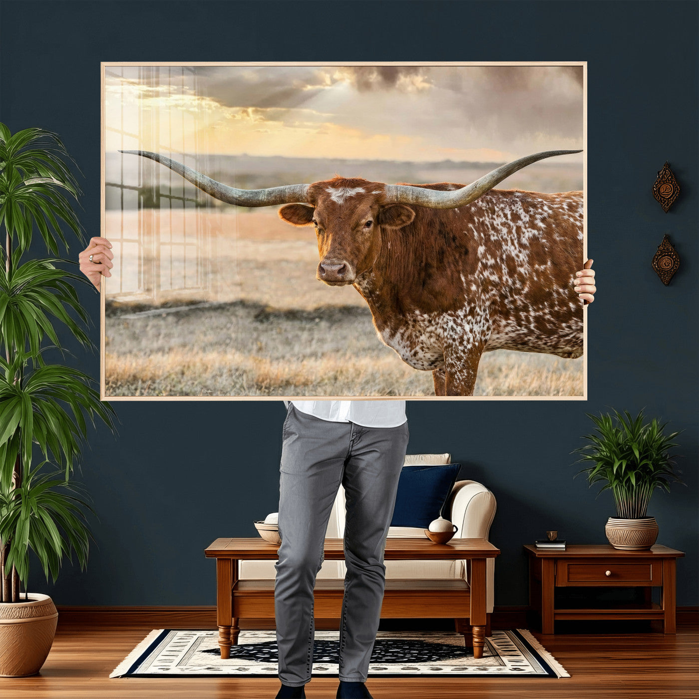 16502384-MGV-CV-36X24 - Texas Longhorn Wall Art Canvas Print, Western Ranch Bull Photography Canvas Print, Rustic Farmhouse Cattle Artwork for Living Room Decor