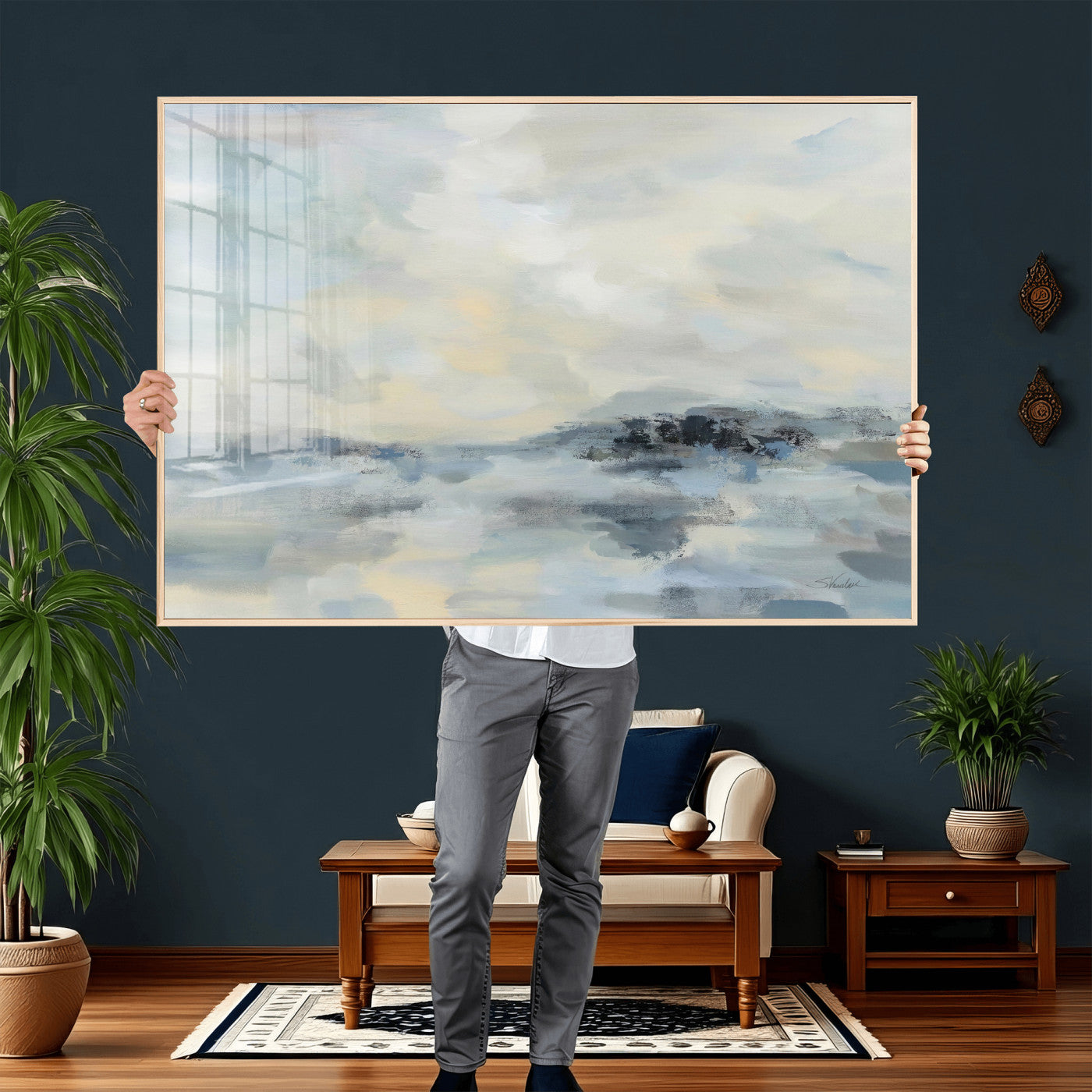 24647355-MGV-CV-36X24 - Abstract Coastal Landscape Wall Art Canvas Print – Soft Blue Gray Minimalist Painting