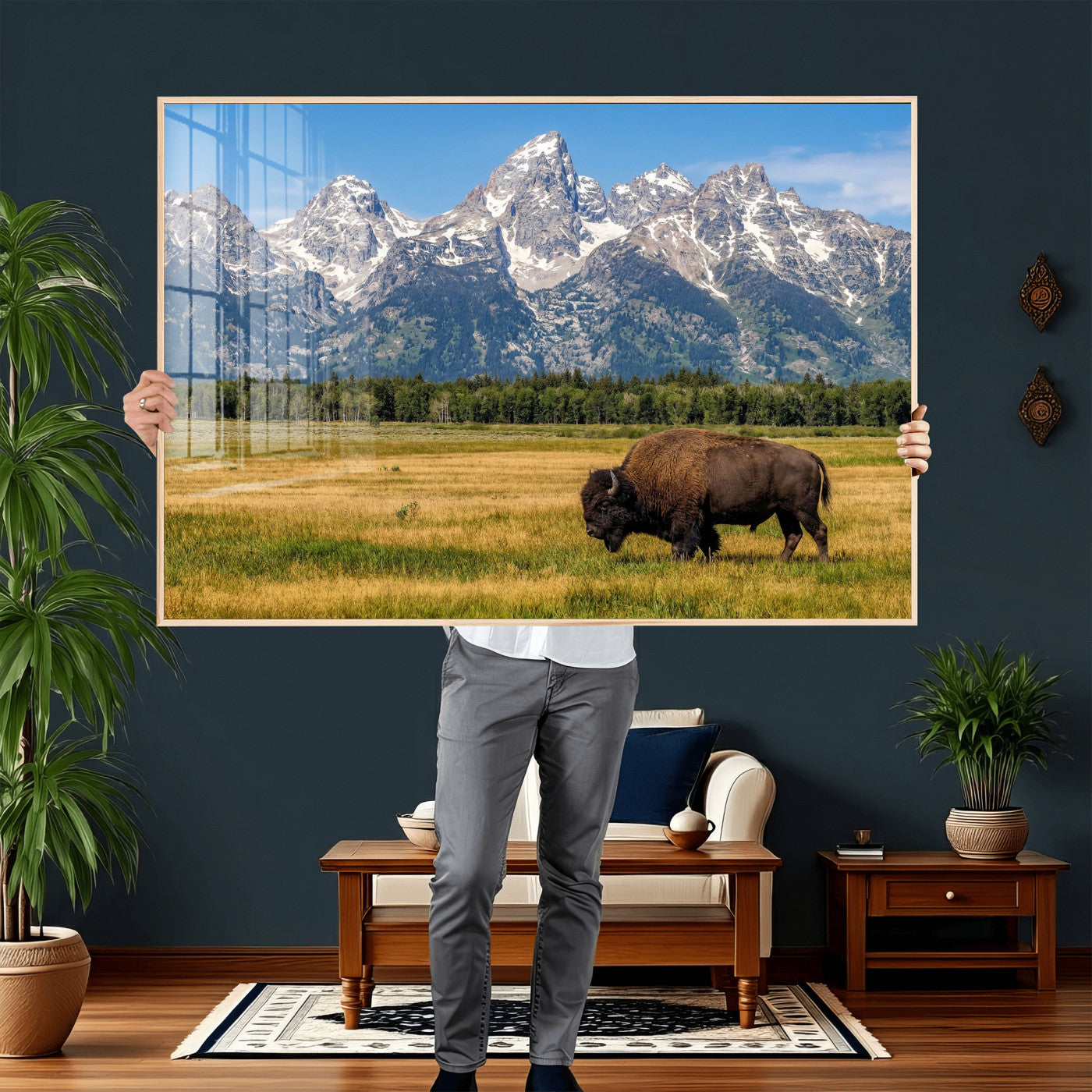 20424529-MGV-CV-36X24 - Bison in Mountain Landscape Wall Art Canvas Print – Western Wildlife Artwork for Rustic Living Room Decor
