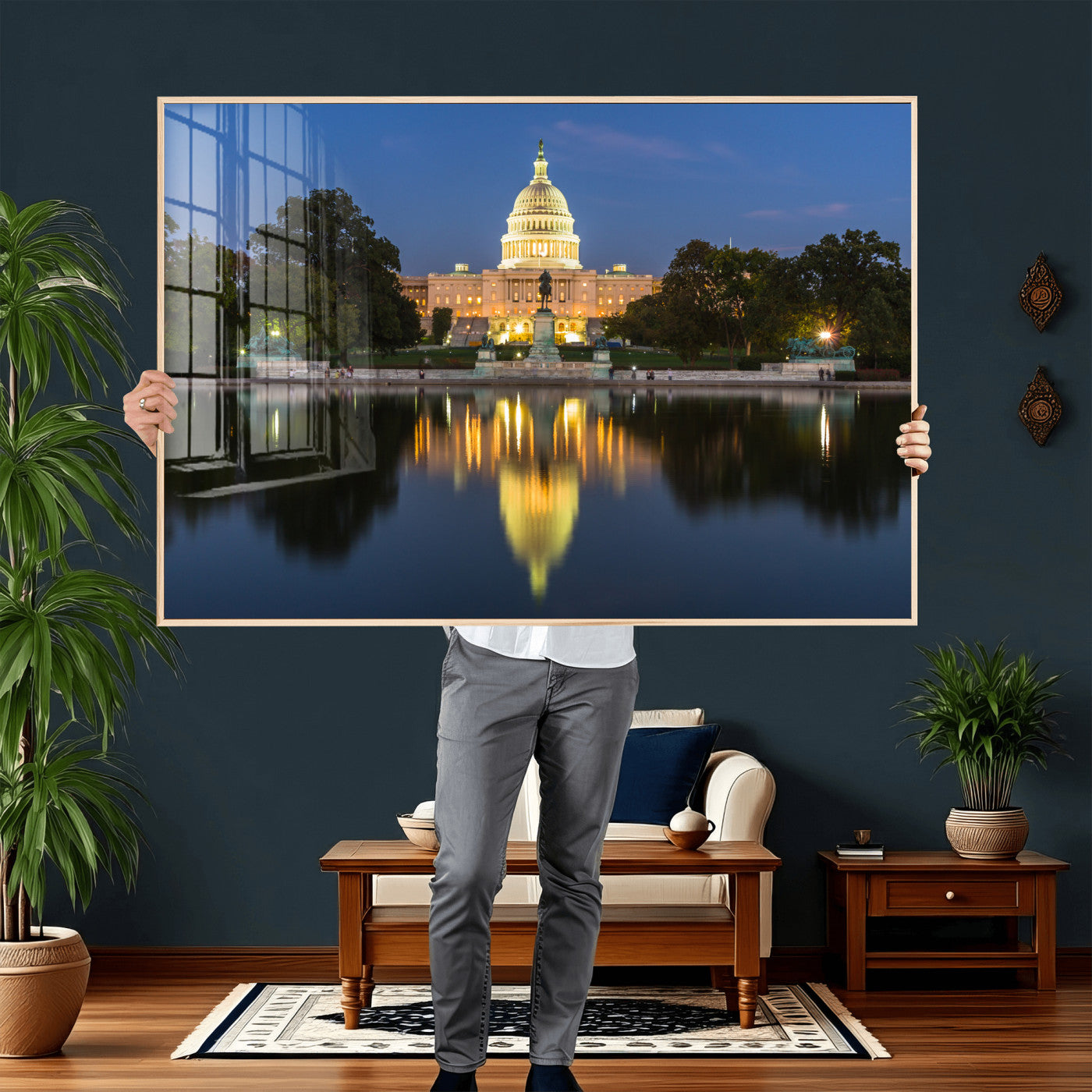 95568590-MGV-CV-36X24 - US Capitol Building Wall Art Canvas Print – Washington DC Landmark Night Reflection Artwork for Office Decor