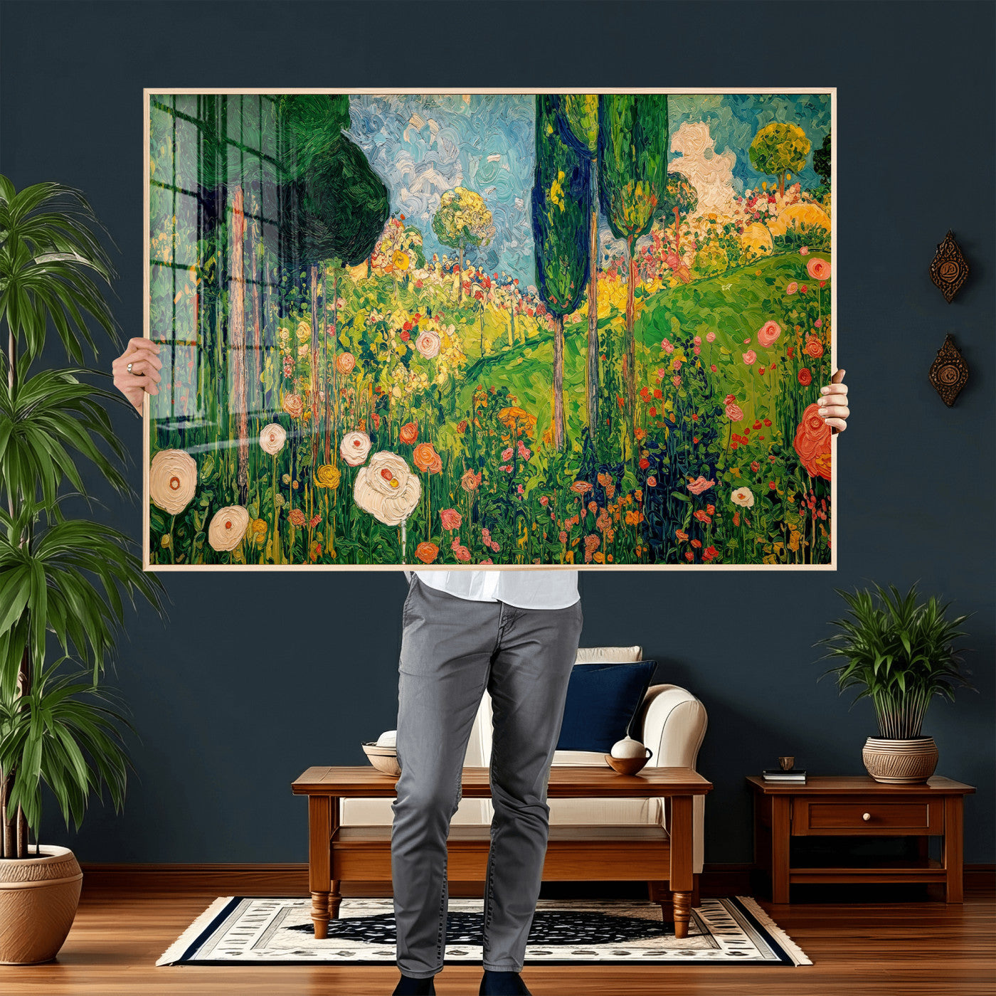 83517974-MGV-CV-36X24 - Gustav Klimt Boho Mountain Landscape Large Wall Art, Horizontal Gold Framed Canvas Print with Sun and Flowers
