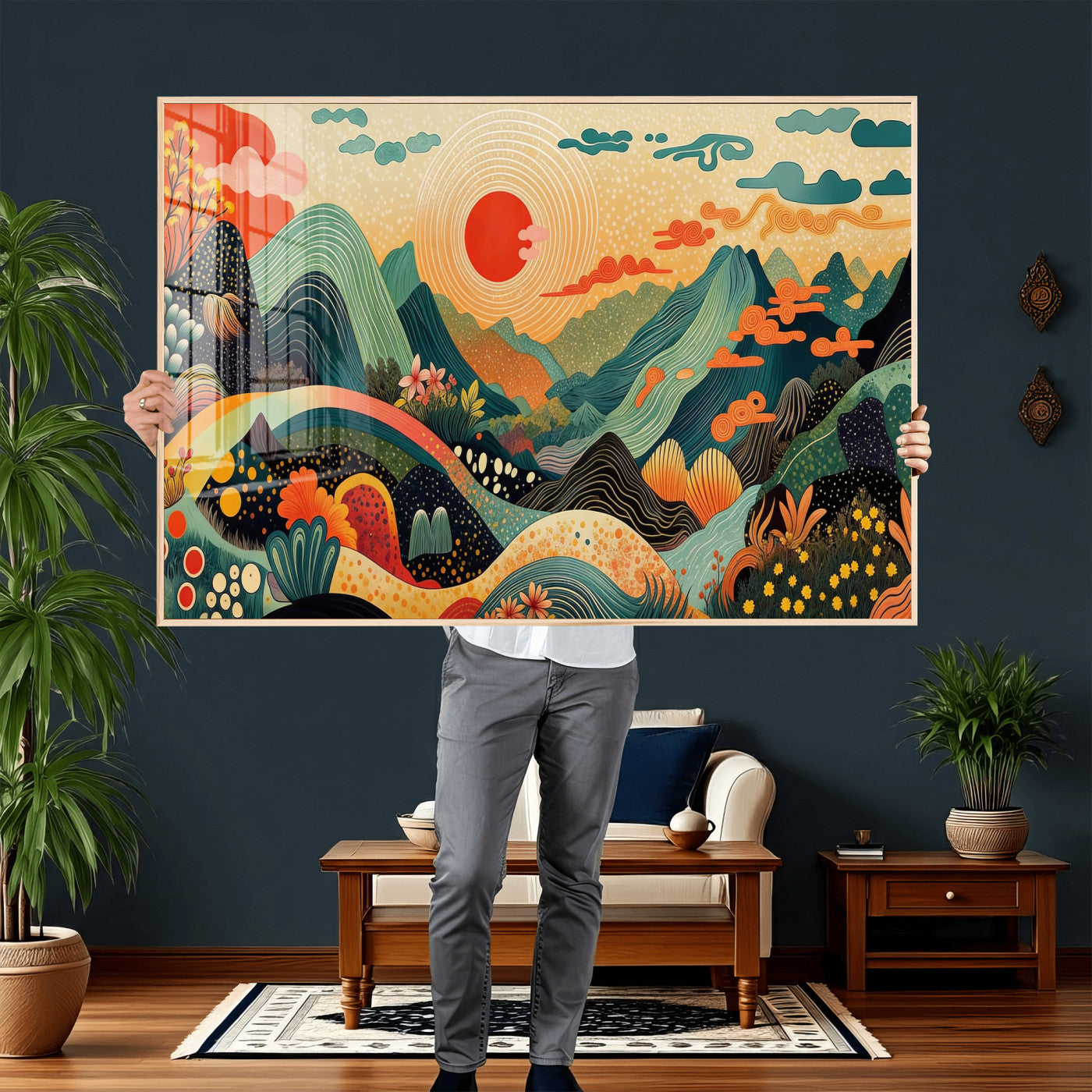 29927191-MGV-CV-36X24 - Yayoi Kusama Boho Mountain Landscape Large Wall Art, Horizontal Gold Framed Canvas Print with Sun and Flowers