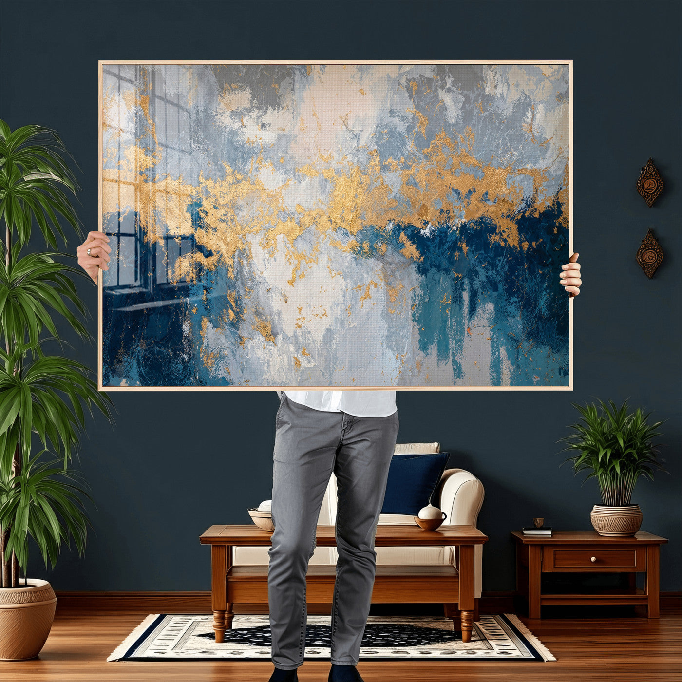 65386119-MGV-CV-36X24 - Blue Gold Abstract Large Framed Canvas Wall Art, Modern Luxury Painting Print in Horizontal Oversized Minimal Wall Decor Artwork