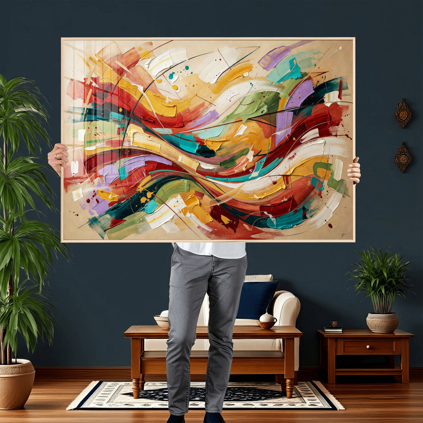39887645-MGV-CV-36X24 - Geometric Abstract Wall Art Canvas Print, Orange Blue Abstract Expressionist Painting Print, Modern Geometric Abstract Canvas Art