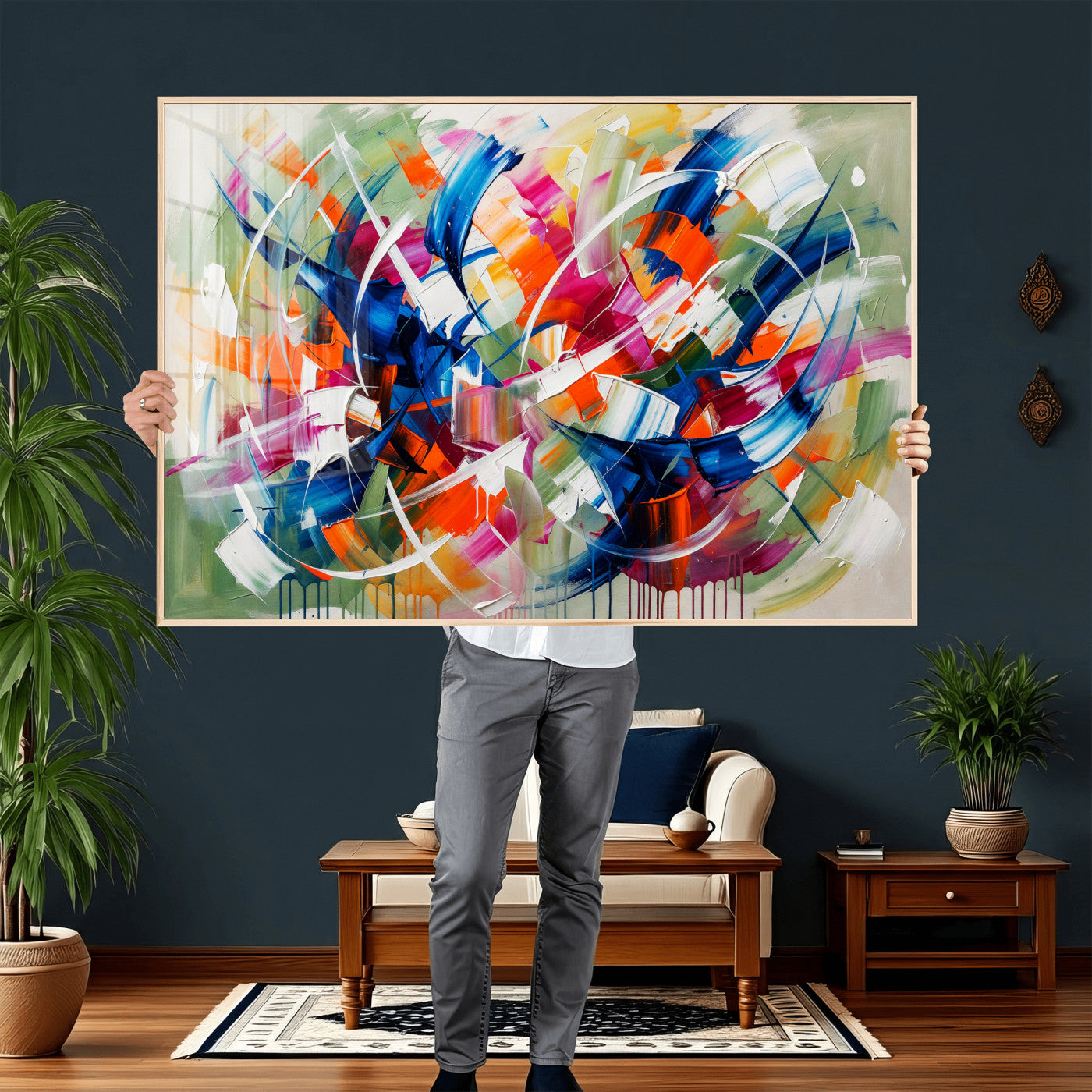15032888-MGV-CV-36X24 - Geometric Abstract Wall Art Canvas Print, Orange Blue Abstract Expressionist Painting Print, Modern Geometric Abstract Canvas Art