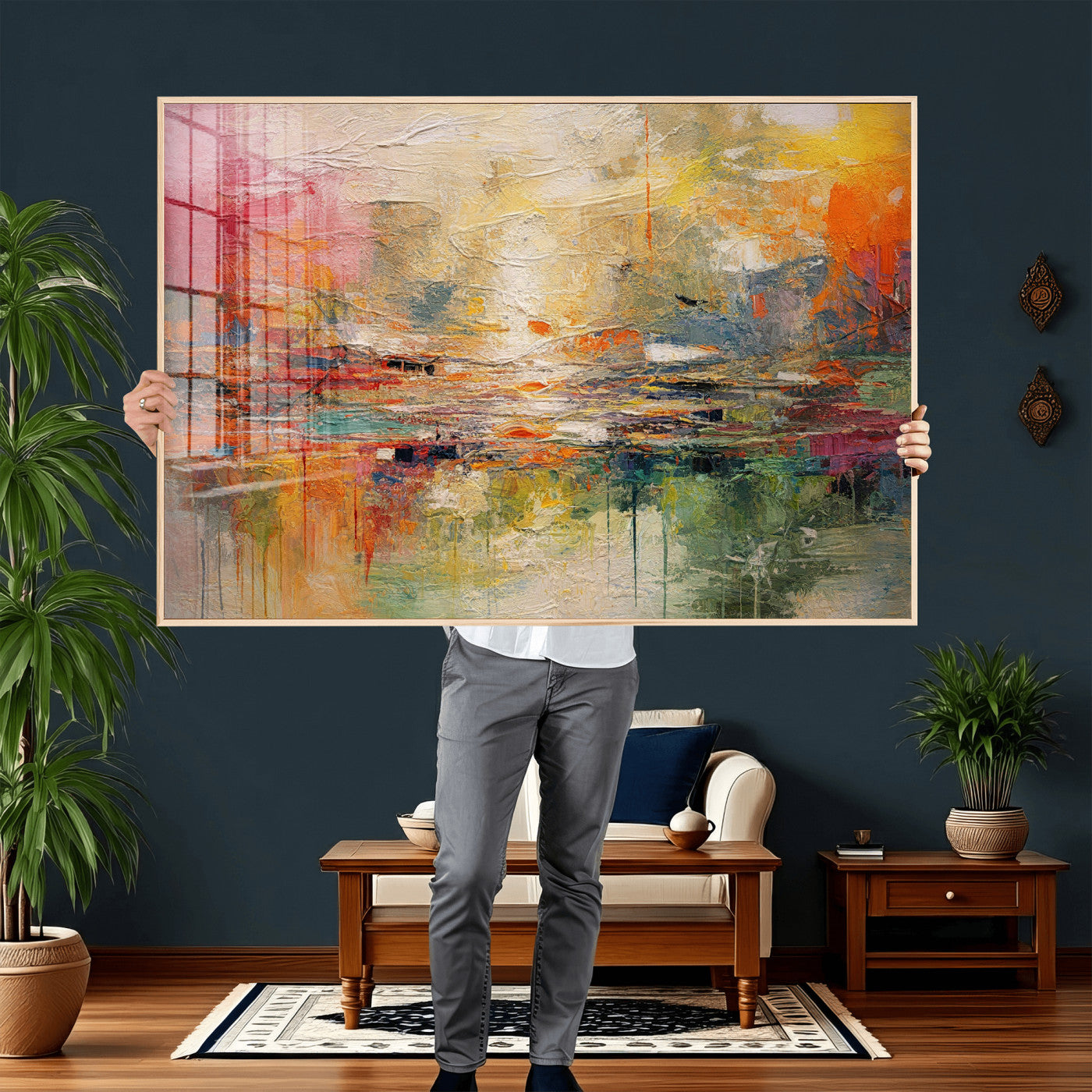 4712069P1-MGV-CV-36X24 - Colorful Abstract Canvas Wall Art — Large Textured Oil Painting Style Print | Orange Red Boho Wall Decor | Modern Living Room Art | Bold Wall Art