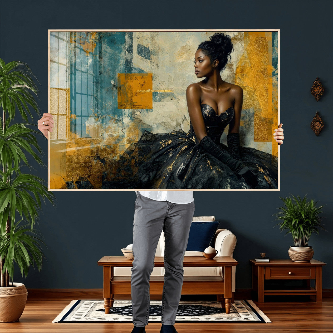 4712069Z21-MGV-CV-36X24 - Elegant Woman Canvas Wall Art — Black Gold Gown Fashion Print | Luxury Glam Wall Decor | African American Art | Bold Bedroom Wall Art Gift